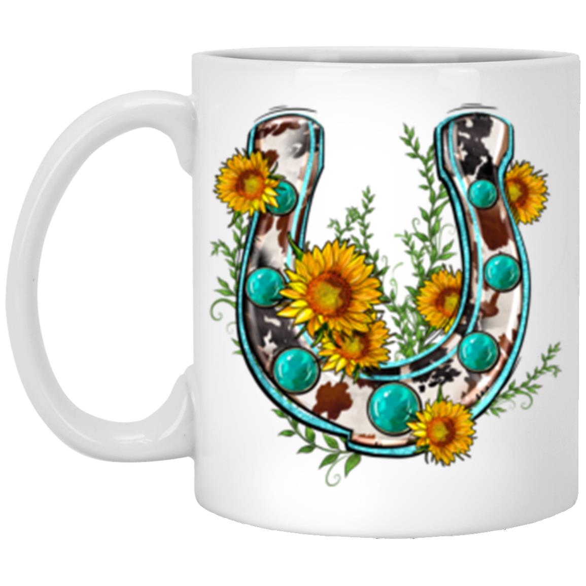 Cowhide sunflower horseshoe 11oz White Mug gift sunflowers floral horseshoe coffee cup-Family-Gift-Planet