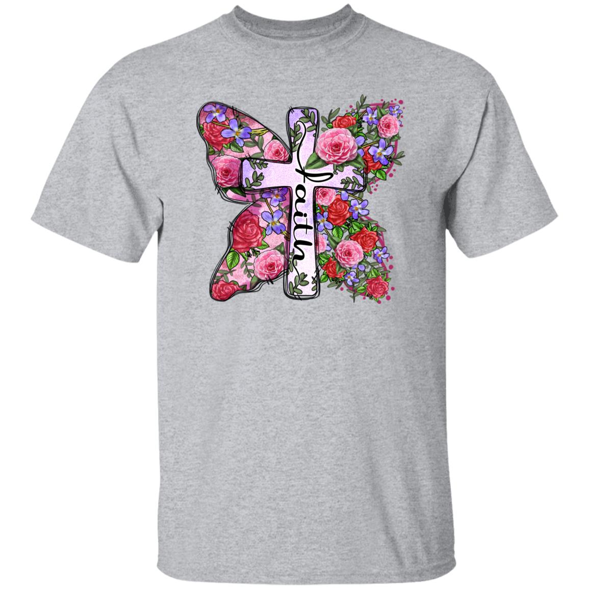 Faith flower cross T-Shirt gift Christian cross butterfly floral Unisex Tee Sand White Sport Grey-Family-Gift-Planet