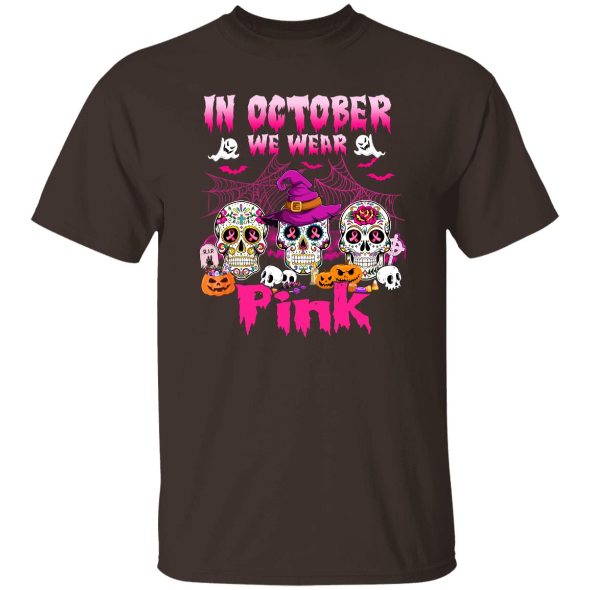 In October we wear pink Halloween Unisex T-Shirt Brest cancer awareness skulls tee Black Dark Chocolate-Family-Gift-Planet