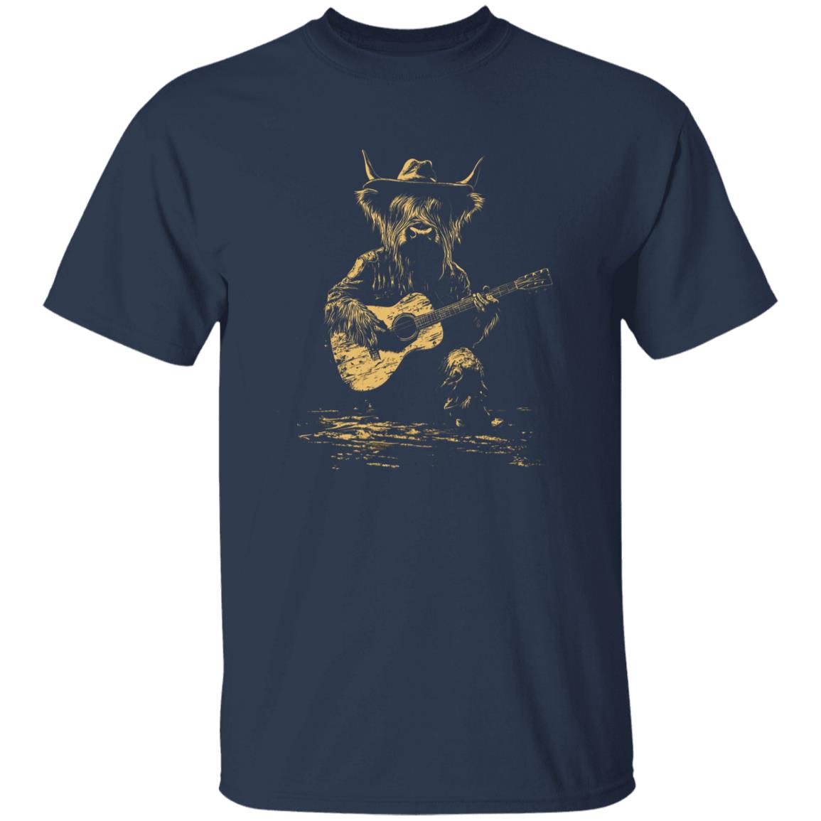 Highland cow play guitar Unisex T-Shirt gift Western Style Texas cow country tee Black navy dark heather-Family-Gift-Planet