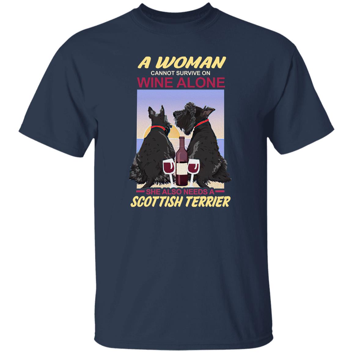 A Woman Cannot Survive On Wine Alone T-Shirt gift Scottish terrier Dog mom Unisex tee Black Navy Dark Heather-Family-Gift-Planet