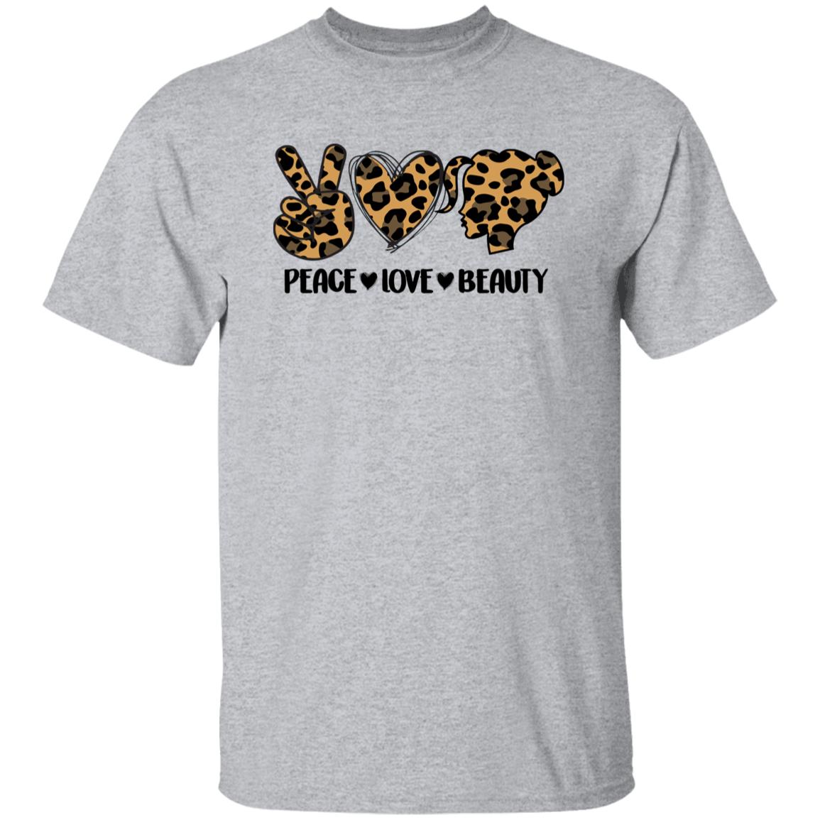 Peace Love Beauty T-Shirt Leopard skin Hairdresser Hair Stylist Unisex Tee Sand White Sport Grey-Family-Gift-Planet