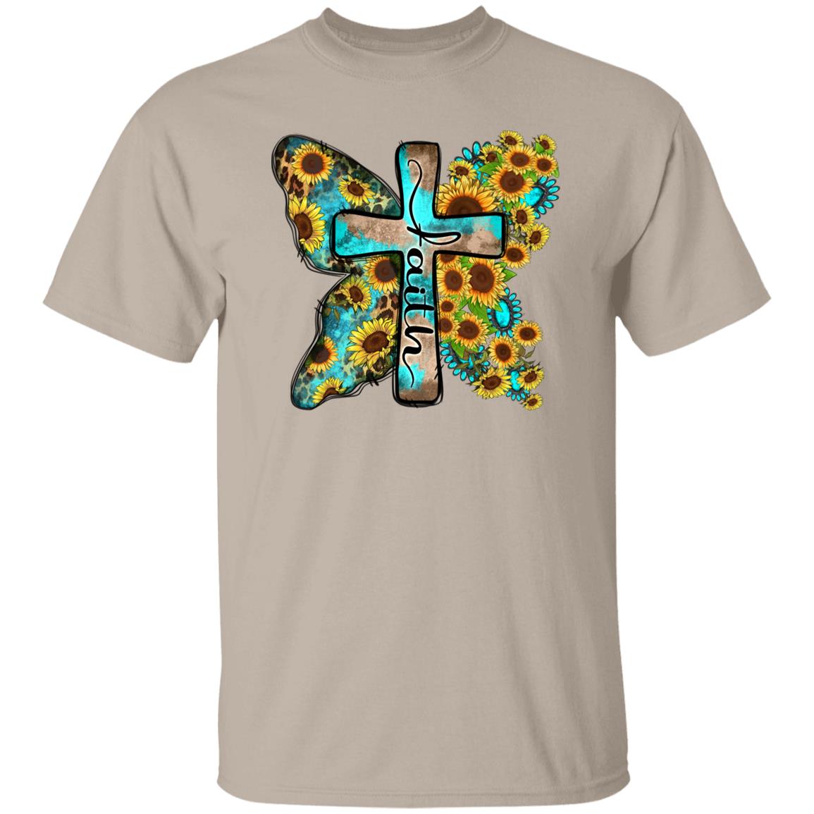 Faith sunflower cross T-Shirt Butterfly Christian faith cross Unisex Tee Sand White Sport Grey-Family-Gift-Planet