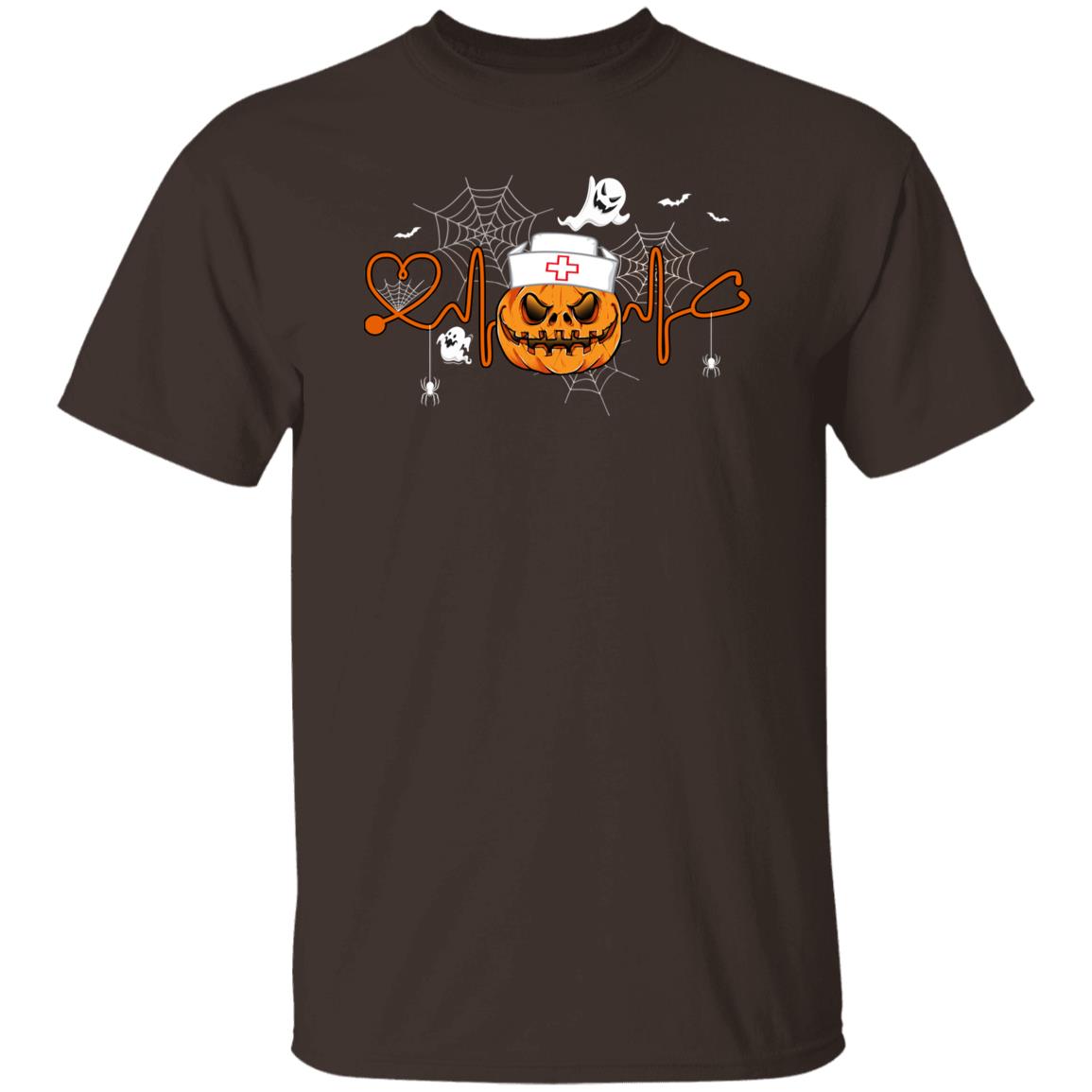 Pumpkin nurse Halloween Unisex T-Shirt Grumpy Nurse heartbeat spooky season tee Black Dark Chocolate-Family-Gift-Planet