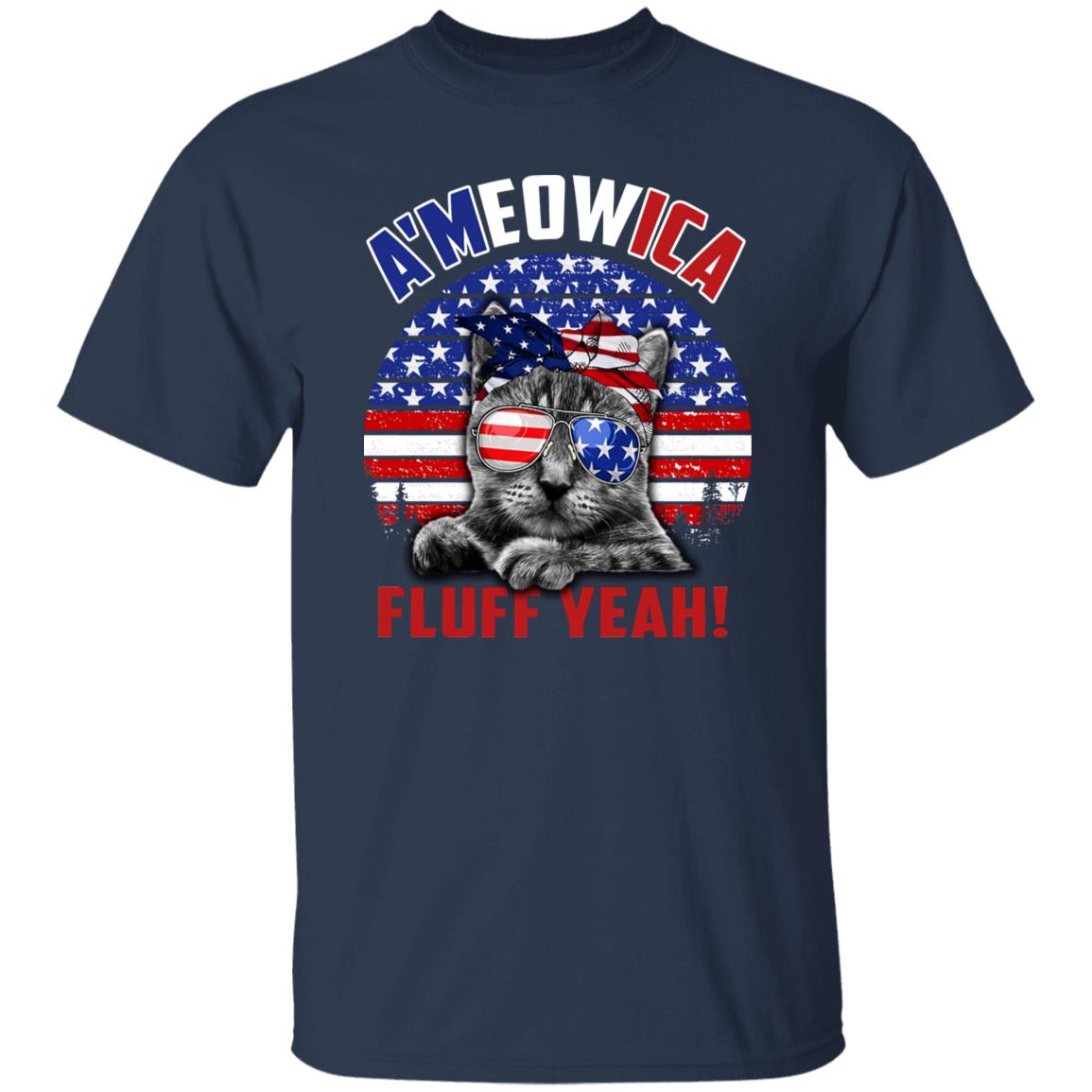 Ameowica Fluff yeah T-Shirt gift July 4th American flag Cat dad Unisex Tee Black Navy Dark Heather-Navy-Family-Gift-Planet