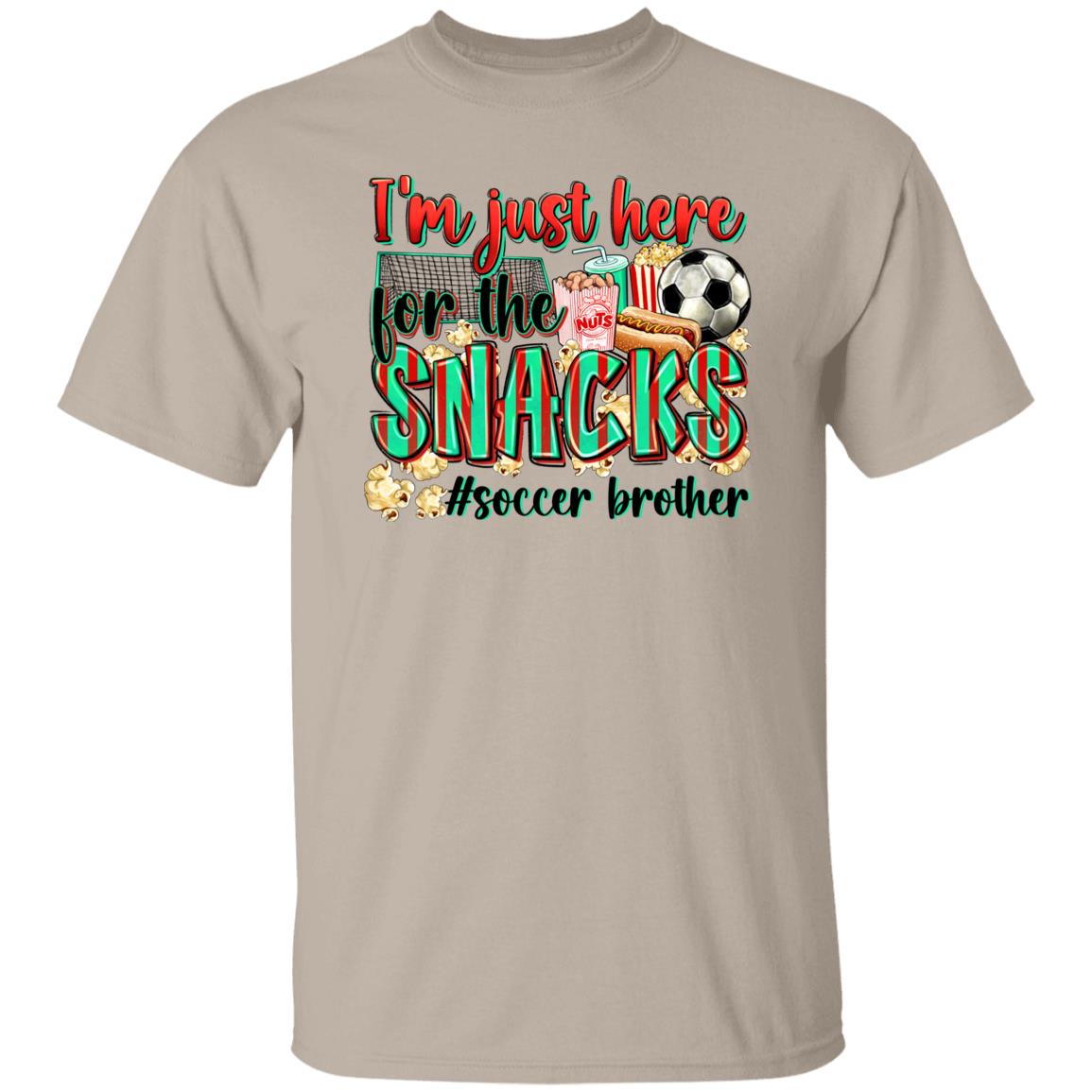 Soccer brother T-Shirt Soccer cheer I'm just here for the snacks Unisex Tee Sand White Sport Grey-Sand-Family-Gift-Planet
