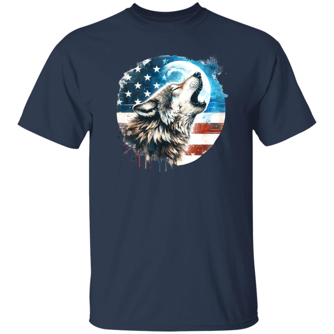 Wolf and the fool moon American flag Unisex Tshirt Black Navy Dark Heather-Family-Gift-Planet