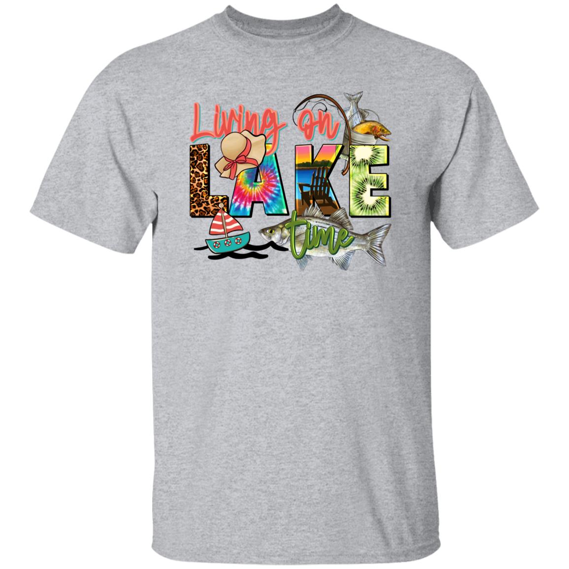 Living on lake time T-Shirt gift Summer Lake fishing boat Unisex Tee Sand White Sport Grey-Family-Gift-Planet