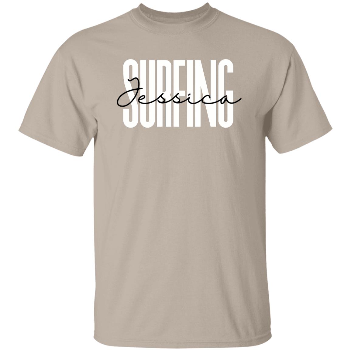 Personalized Surfing T-shirt gift Custom name Surfer surf lover Unisex Tee Sand Pink Light Blue-Family-Gift-Planet