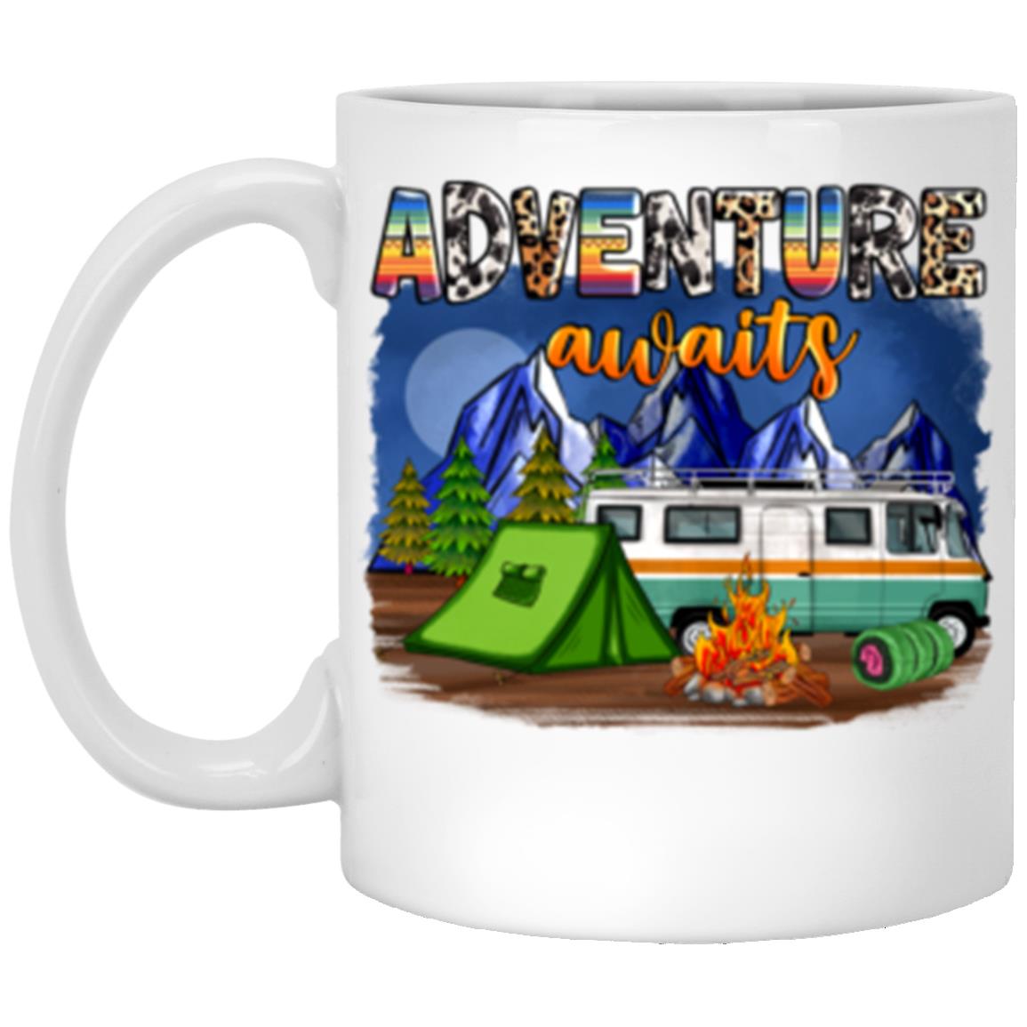 Adventure awaits 11oz White Mug gift Camping tent bonfire night mountains coffee cup-Family-Gift-Planet