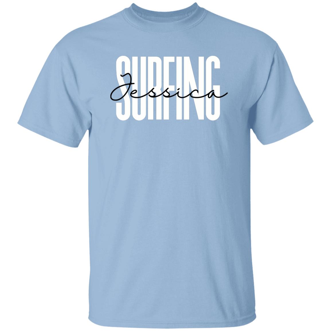 Personalized Surfing T-shirt gift Custom name Surfer surf lover Unisex Tee Sand Pink Light Blue-Family-Gift-Planet