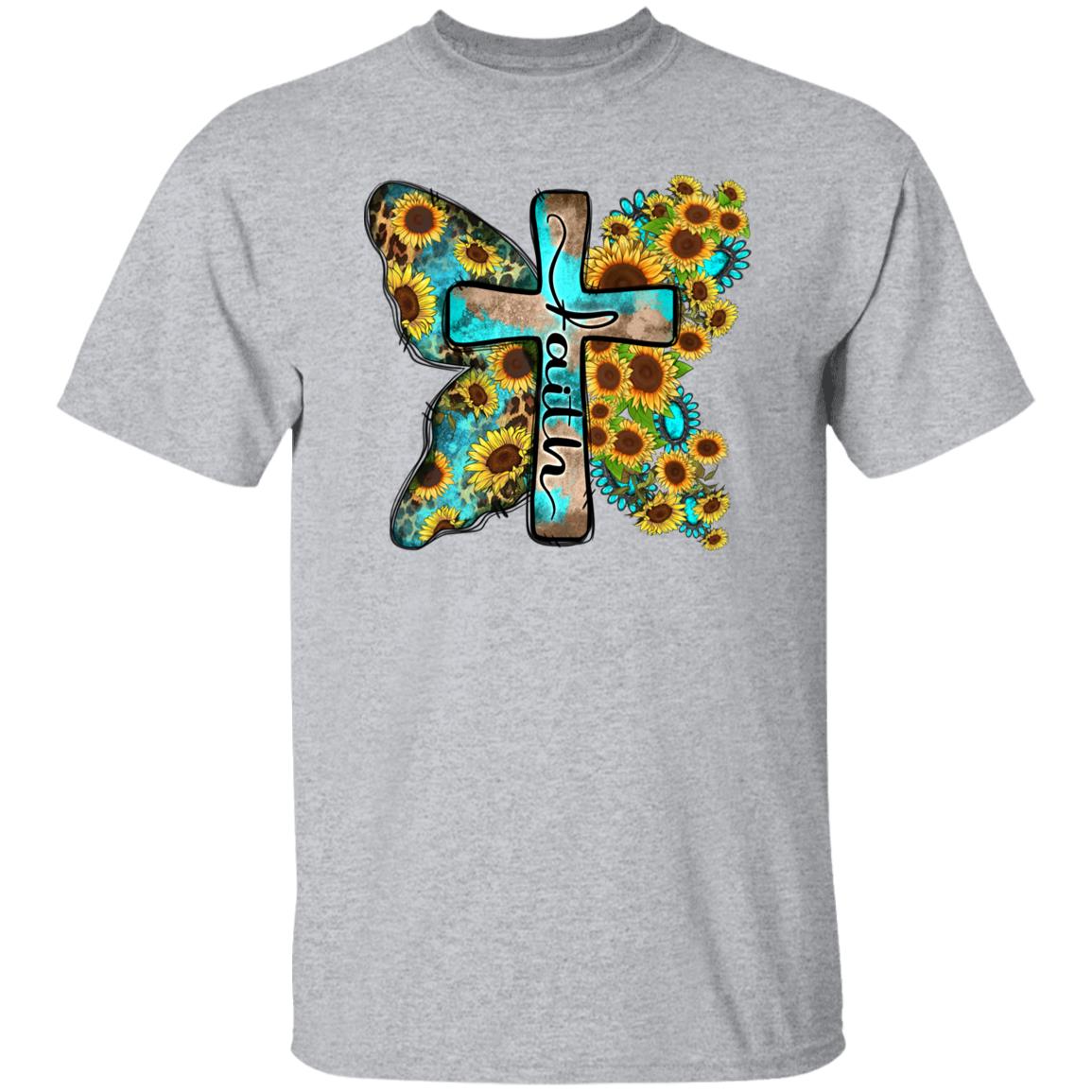 Faith sunflower cross T-Shirt Butterfly Christian faith cross Unisex Tee Sand White Sport Grey-Family-Gift-Planet
