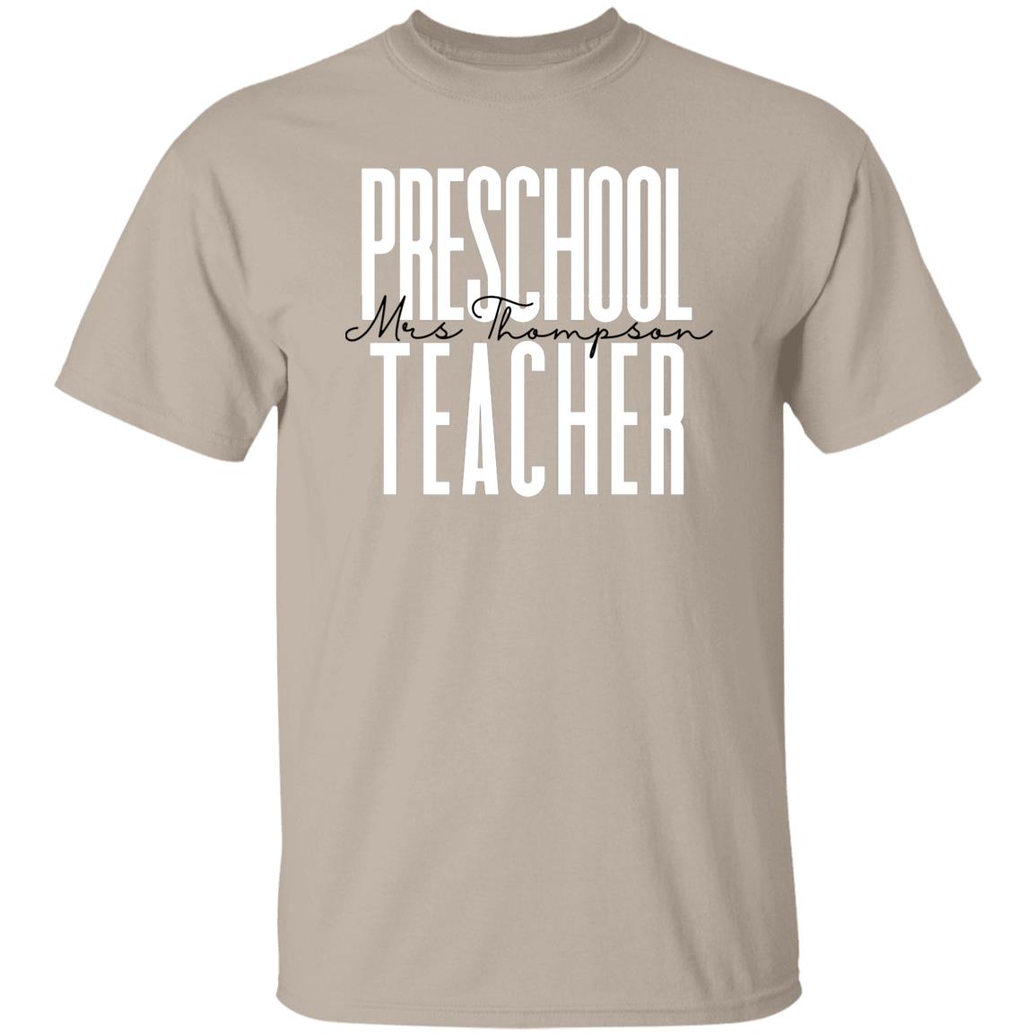 Personalized preschool teacher T-shirt gift Custom name kindergarten teacher Unisex Tee Sand Pink Light Blue-Family-Gift-Planet