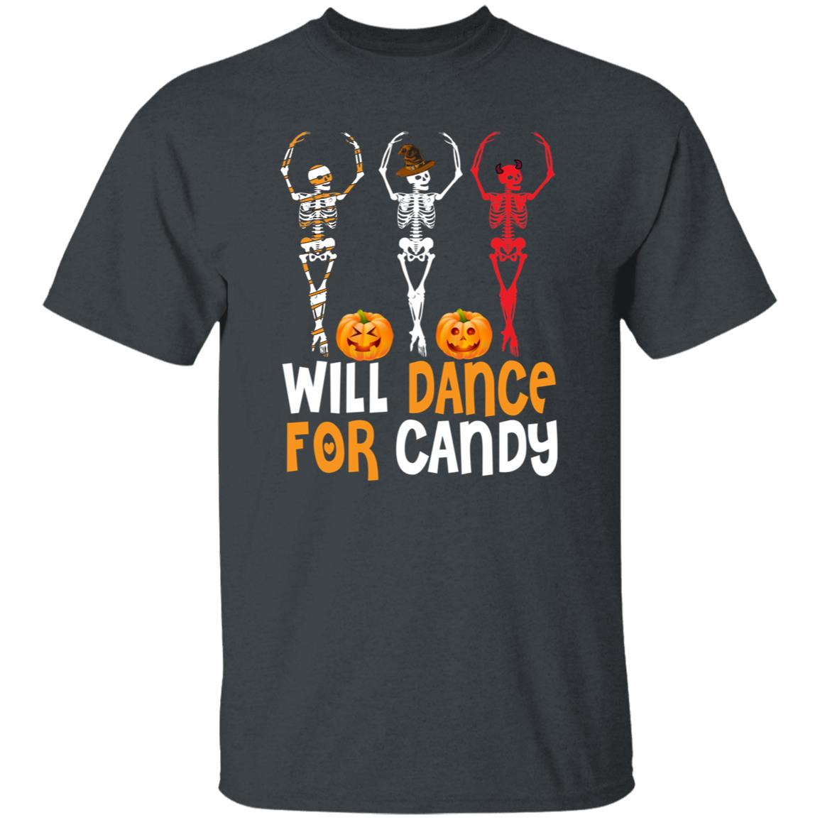 Will dance for candy Halloween Unisex T-Shirt Scary skeleton dancer dance teacher tee Black Dark Heather-Family-Gift-Planet