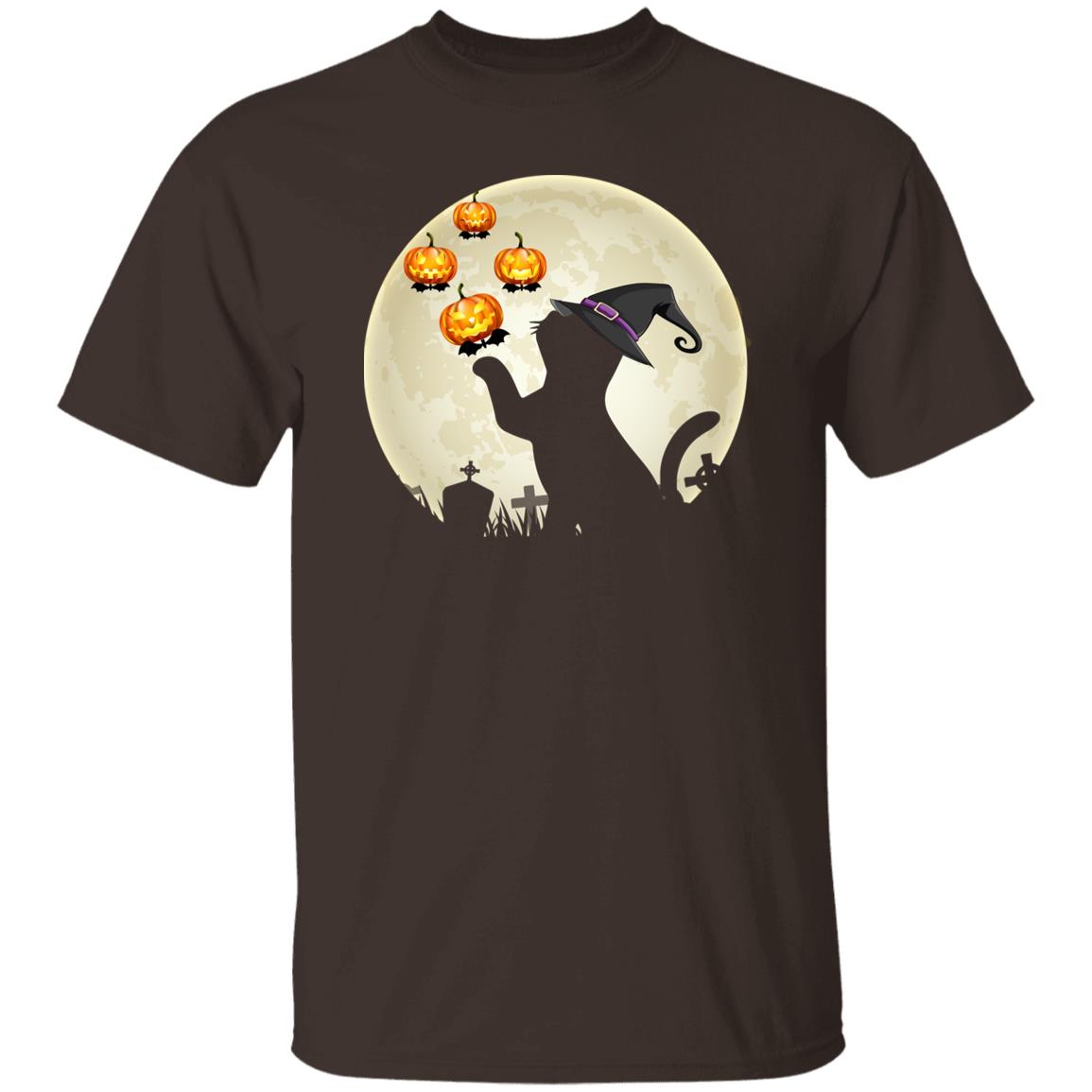 Cat and pumpkins Halloween Unisex T-Shirt Moonlight grave black cat tee Black Dark Chocolate-Family-Gift-Planet