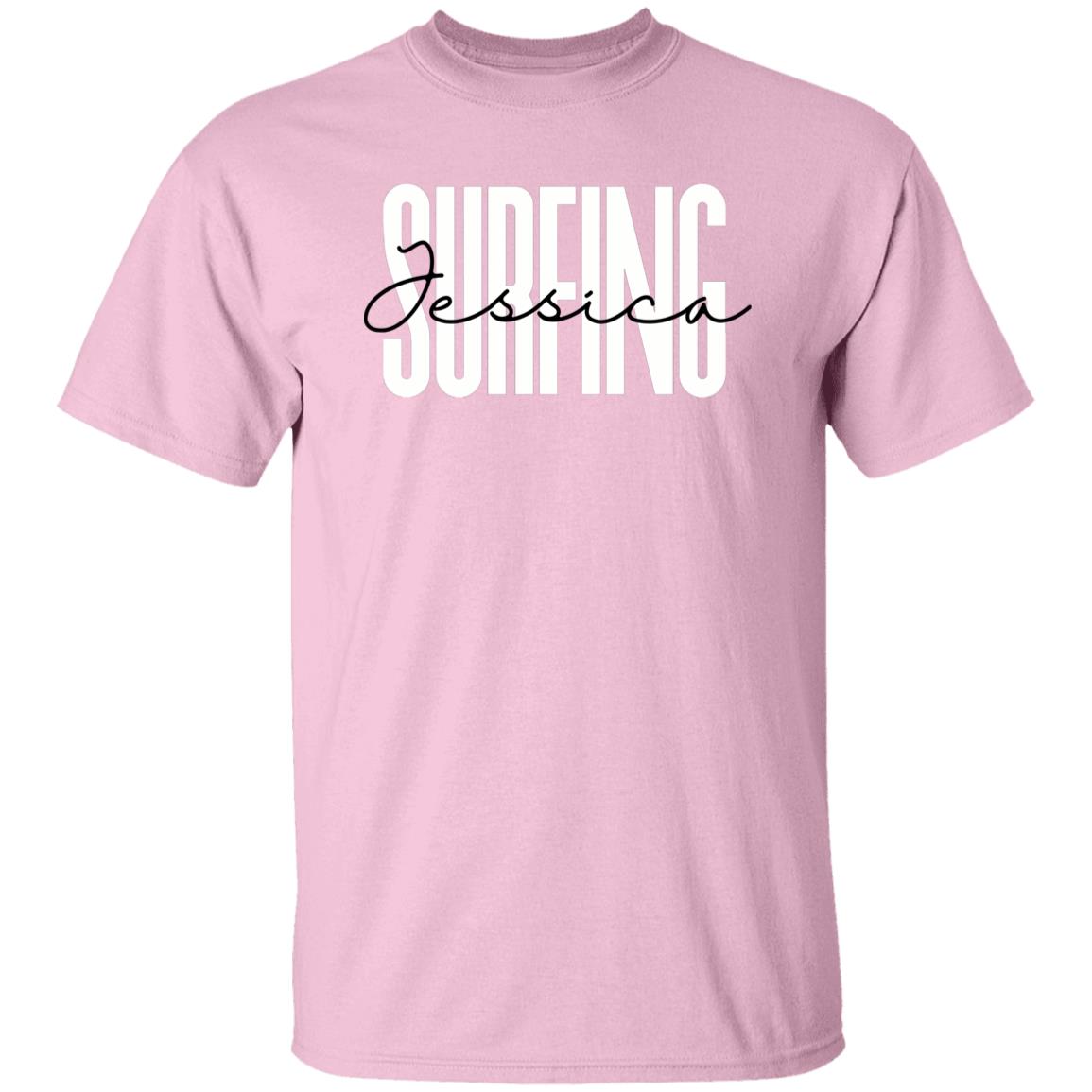 Personalized Surfing T-shirt gift Custom name Surfer surf lover Unisex Tee Sand Pink Light Blue-Family-Gift-Planet