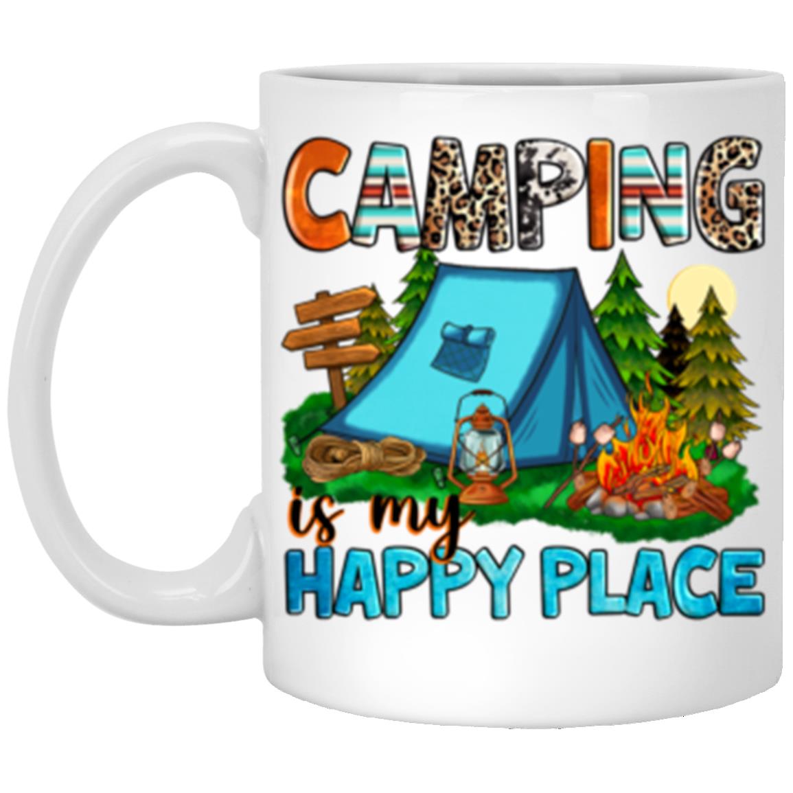 Camping is my happy place 11oz White Mug gift camper tent bonfire forest coffee cup-Family-Gift-Planet