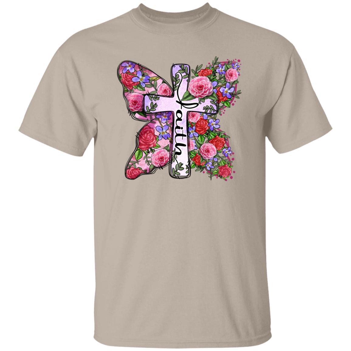 Faith flower cross T-Shirt gift Christian cross butterfly floral Unisex Tee Sand White Sport Grey-Family-Gift-Planet