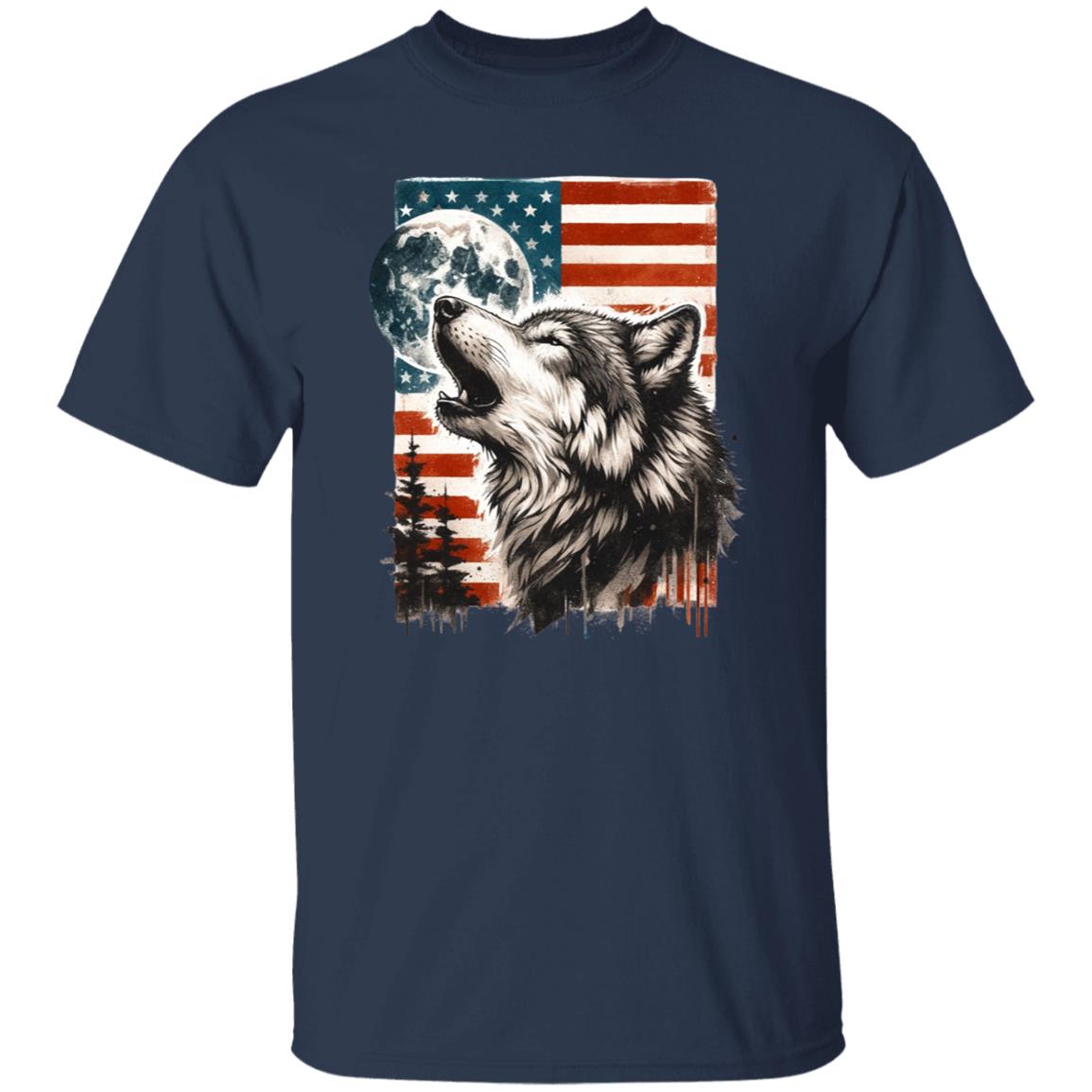 American flag full moon wolf Unisex Tshirt wild animals lover tee Black Navy Dark Heather-Family-Gift-Planet