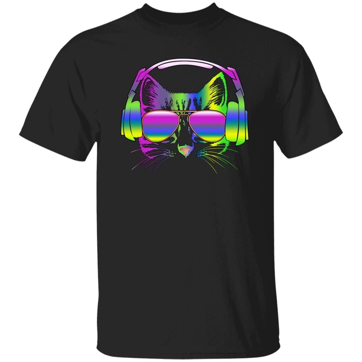 Cat headphone T-Shirt gift Neon Cat listen music cat mom Unisex Tee Black Navy Dark Heather-Family-Gift-Planet