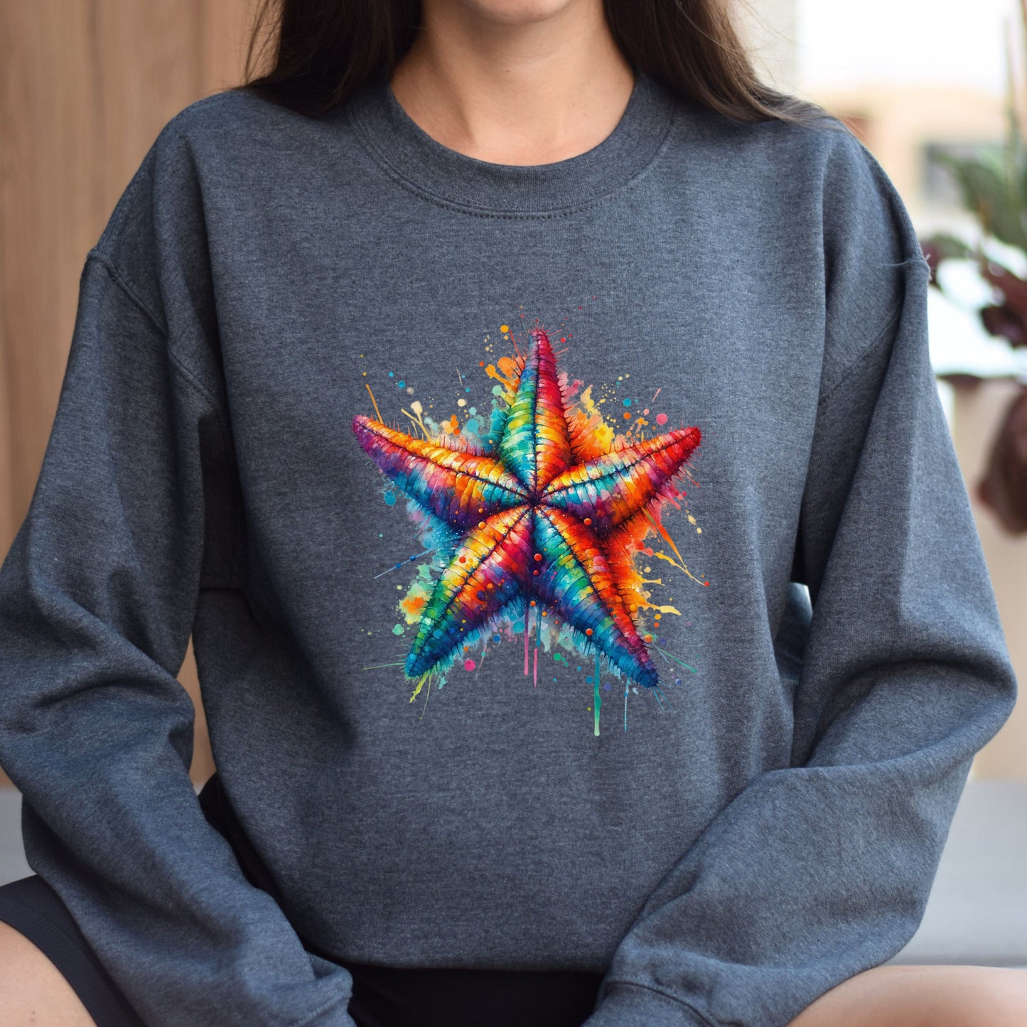 Artistic Sea Star Color Splash Unisex Sweatshirt Black Navy Dark Heather-Dark Heather-Family-Gift-Planet