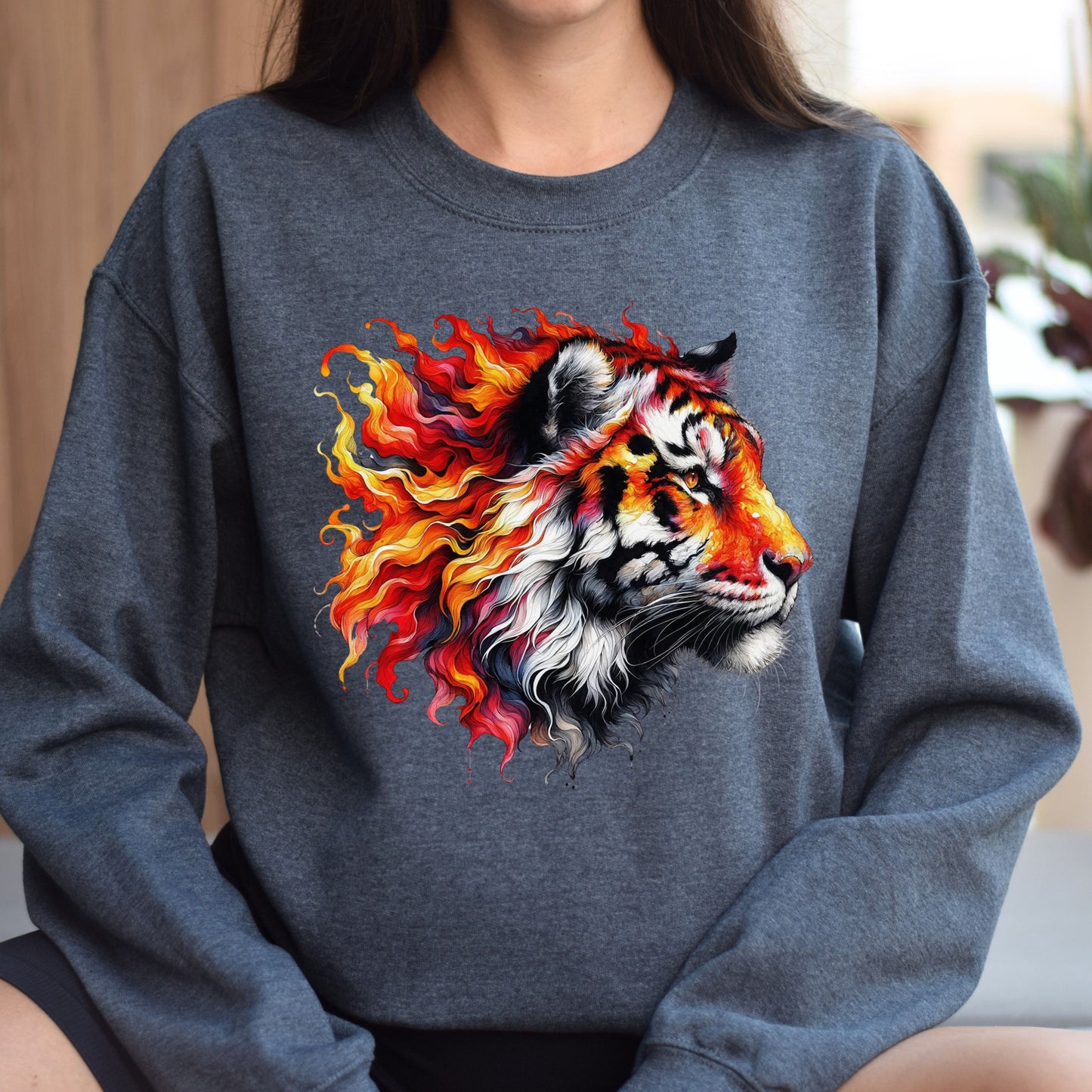 Tiger in fire Unisex Sweatshirt Black Navy Dark Heather-Dark Heather-Family-Gift-Planet