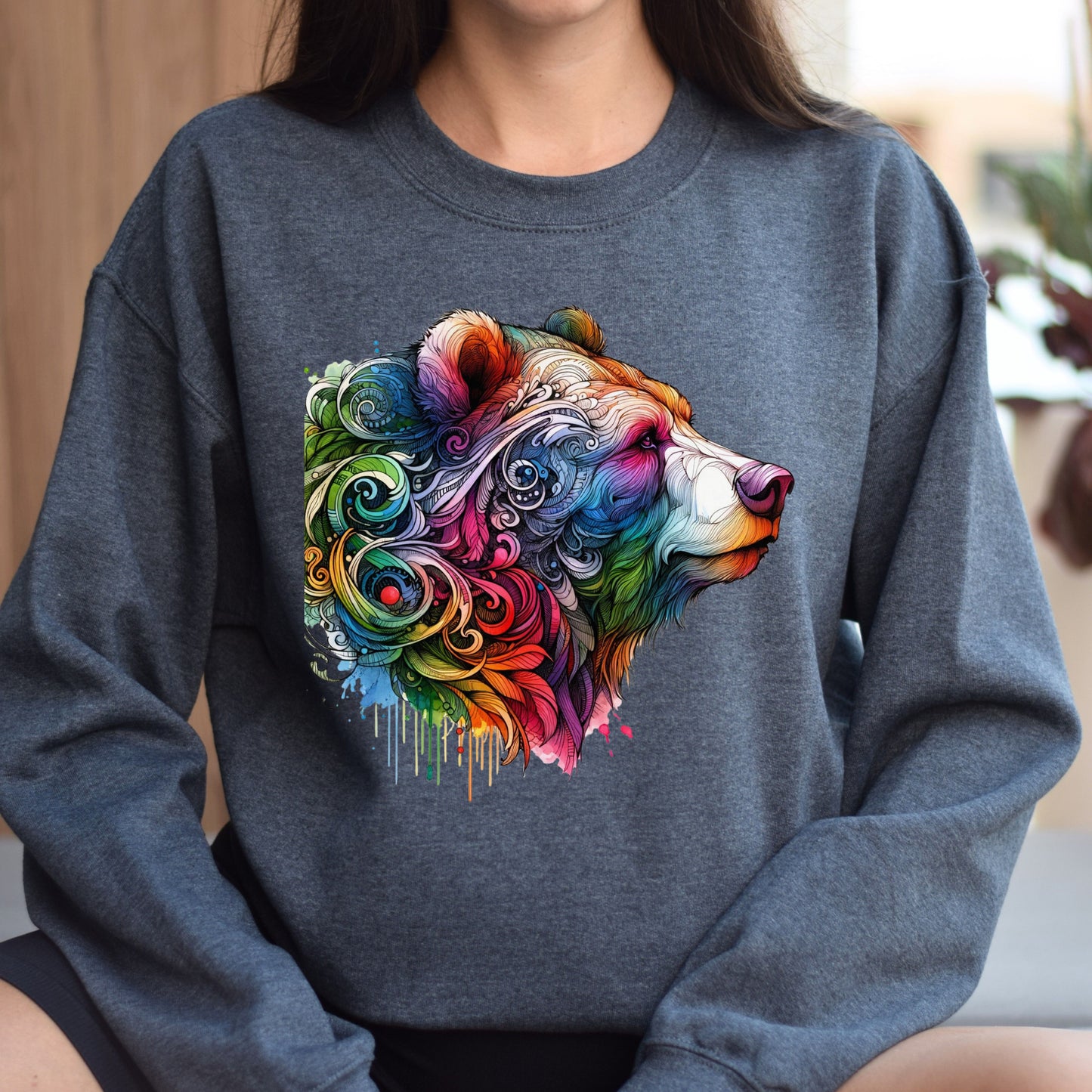 Bear colorful artistic Unisex Sweatshirt Black Navy Dark Heather-Dark Heather-Family-Gift-Planet