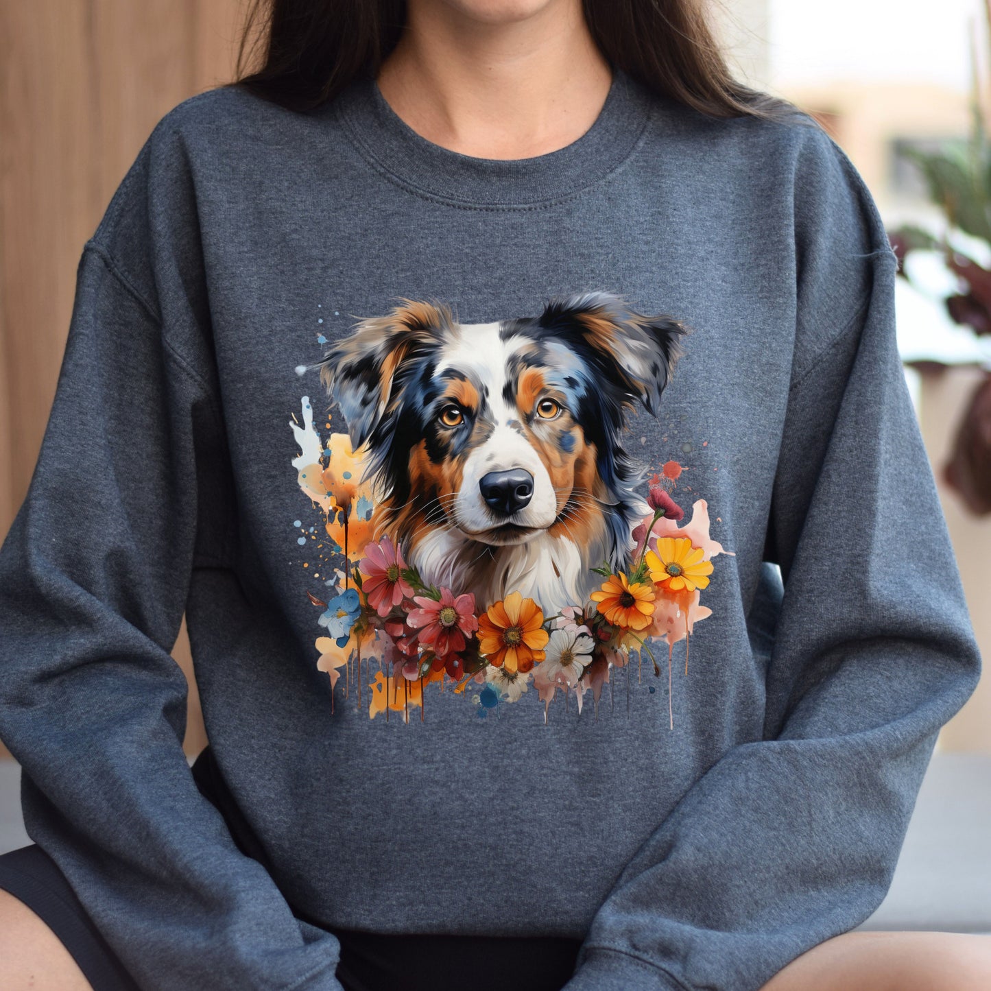 Australian Shepherd floral Color Splash Unisex Sweatshirt Black Navy Dark Heather-Dark Heather-Family-Gift-Planet