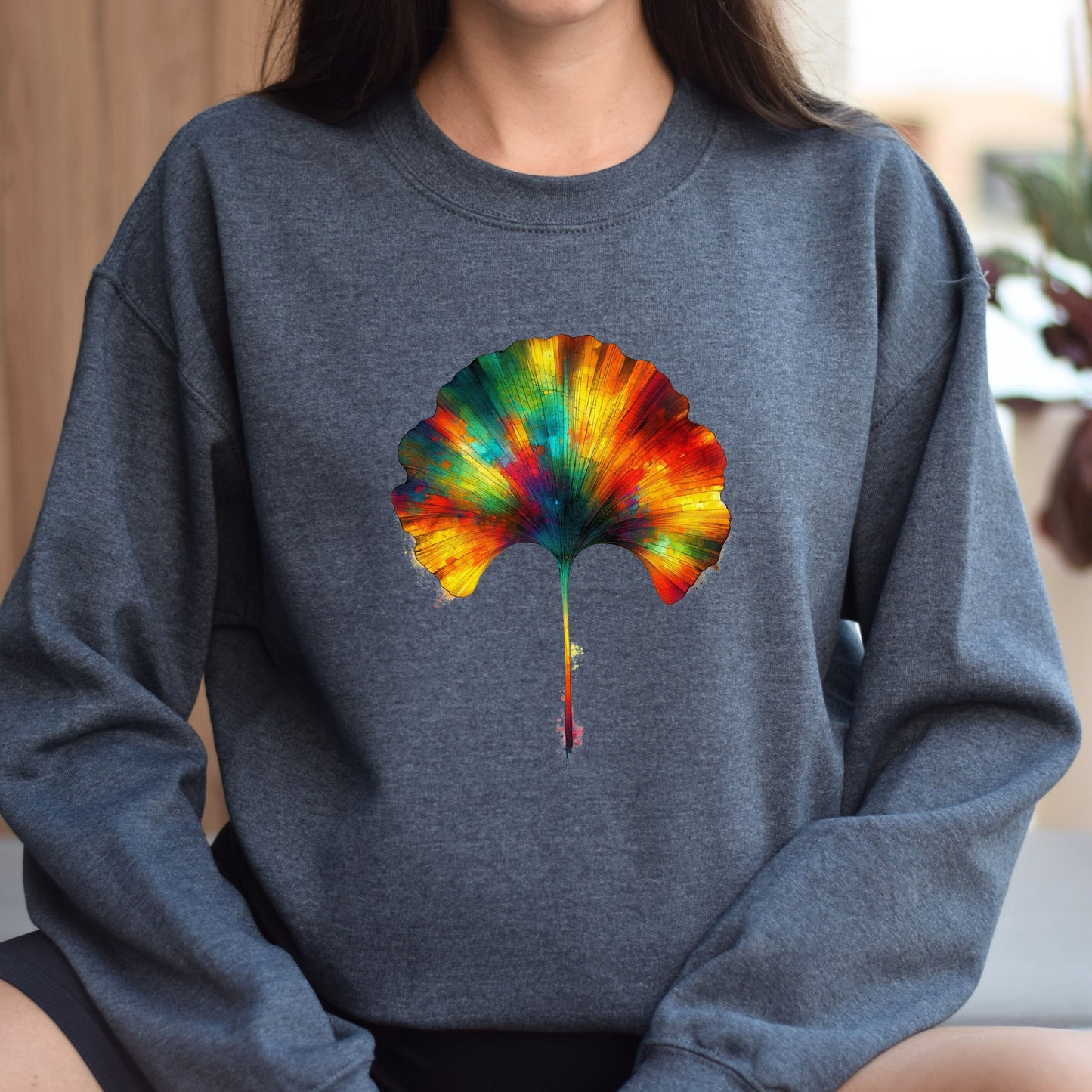 Colorful Ginkgo Leaf Color Splash Unisex Sweatshirt Black Navy Dark Heather-Dark Heather-Family-Gift-Planet