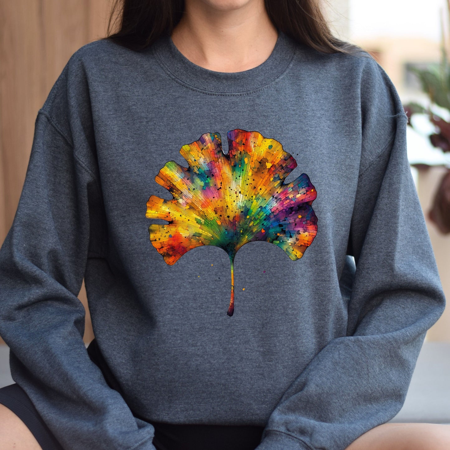 Cool Ginkgo Leaf Color Splash Unisex Sweatshirt Black Navy Dark Heather-Dark Heather-Family-Gift-Planet
