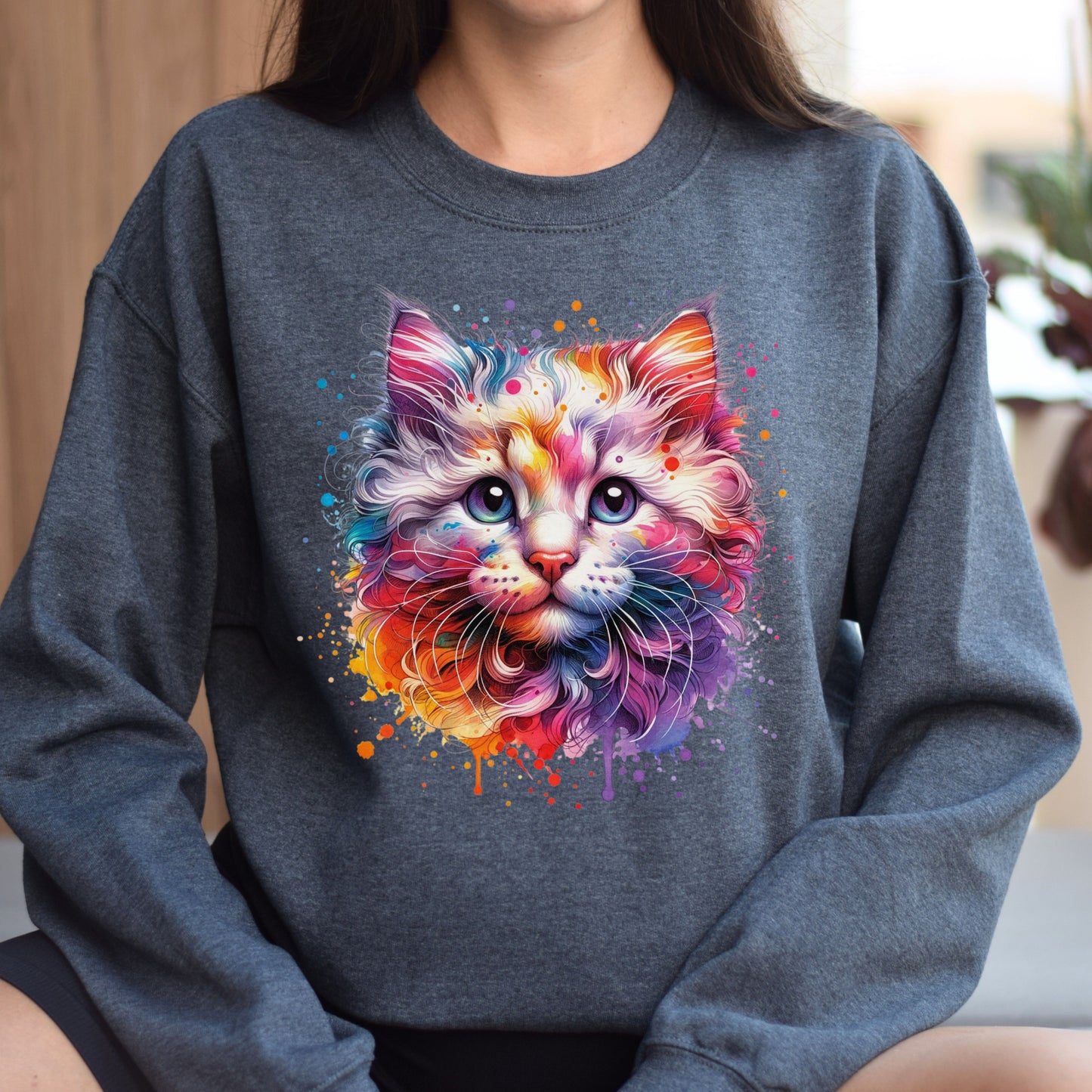 American Curl Cat Color Splash Unisex Sweatshirt Black Navy Dark Heather-Dark Heather-Family-Gift-Planet
