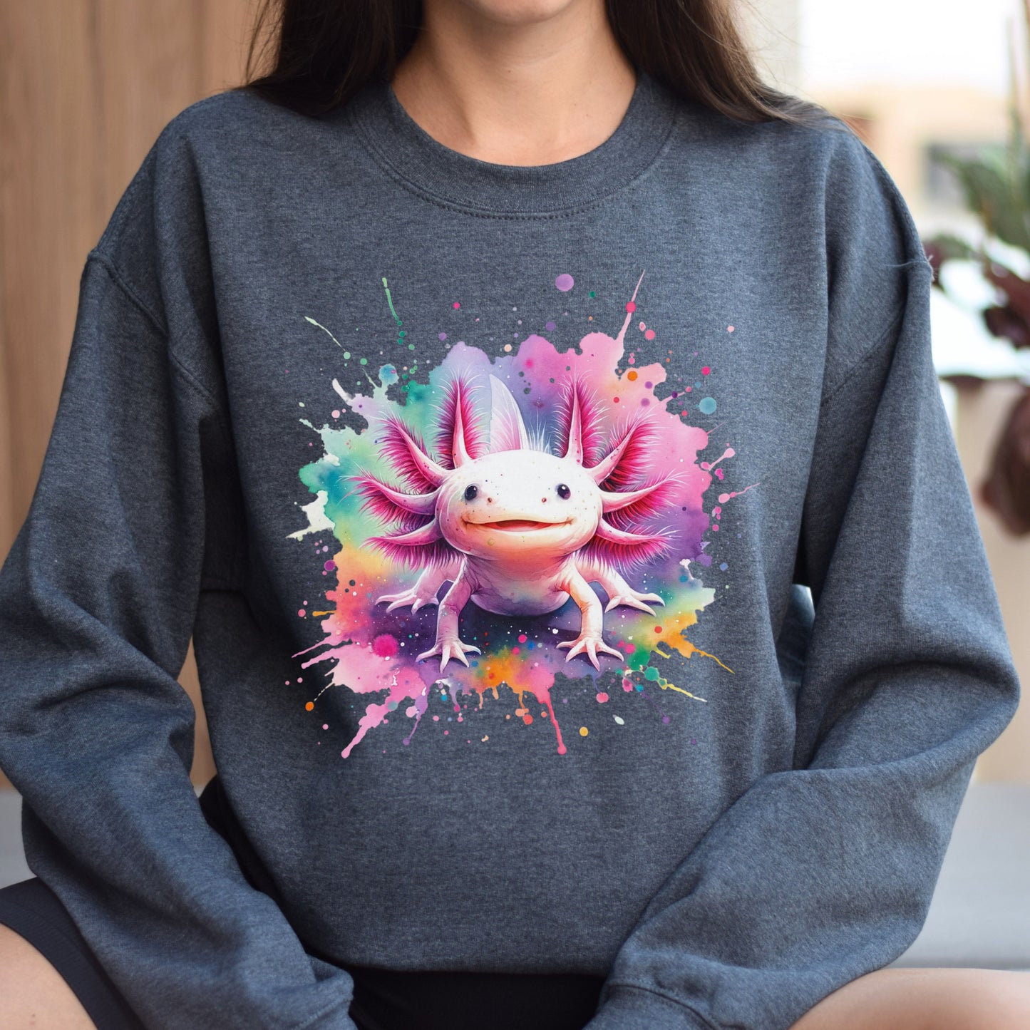 Axolotl Color Splash Unisex Sweatshirt Black Navy Dark Heather-Dark Heather-Family-Gift-Planet
