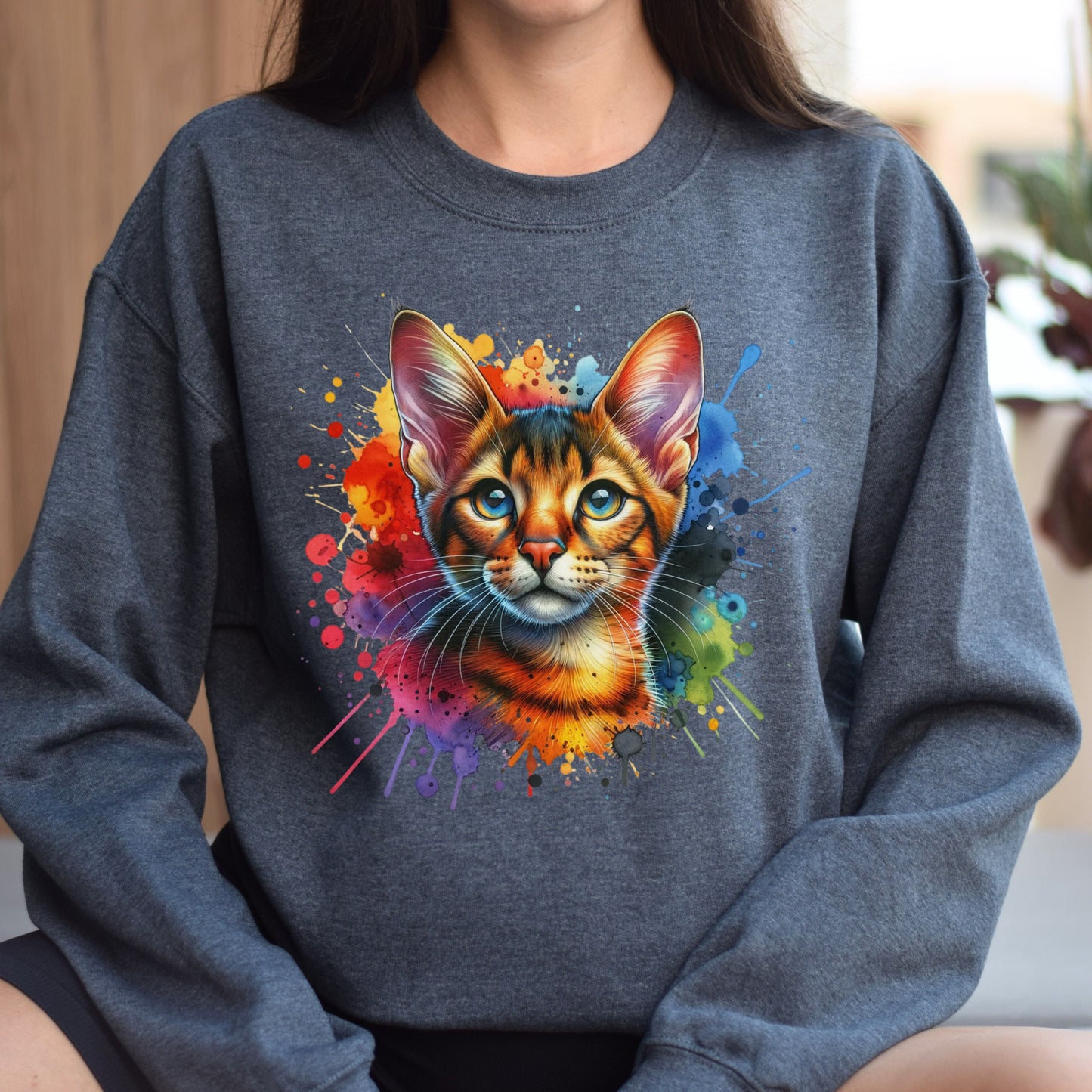 Chausie Cat Color Splash Unisex Sweatshirt Black Navy Dark Heather-Dark Heather-Family-Gift-Planet