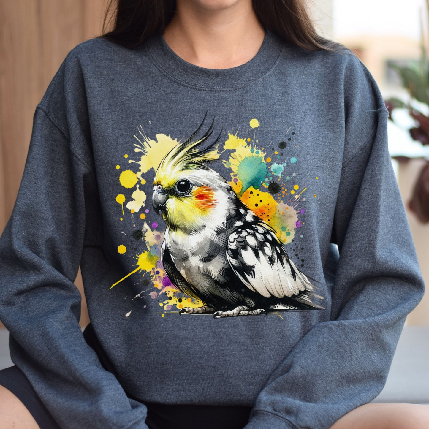 Cockatiel Bird Color Splash Unisex Sweatshirt Black Navy Dark Heather-Dark Heather-Family-Gift-Planet