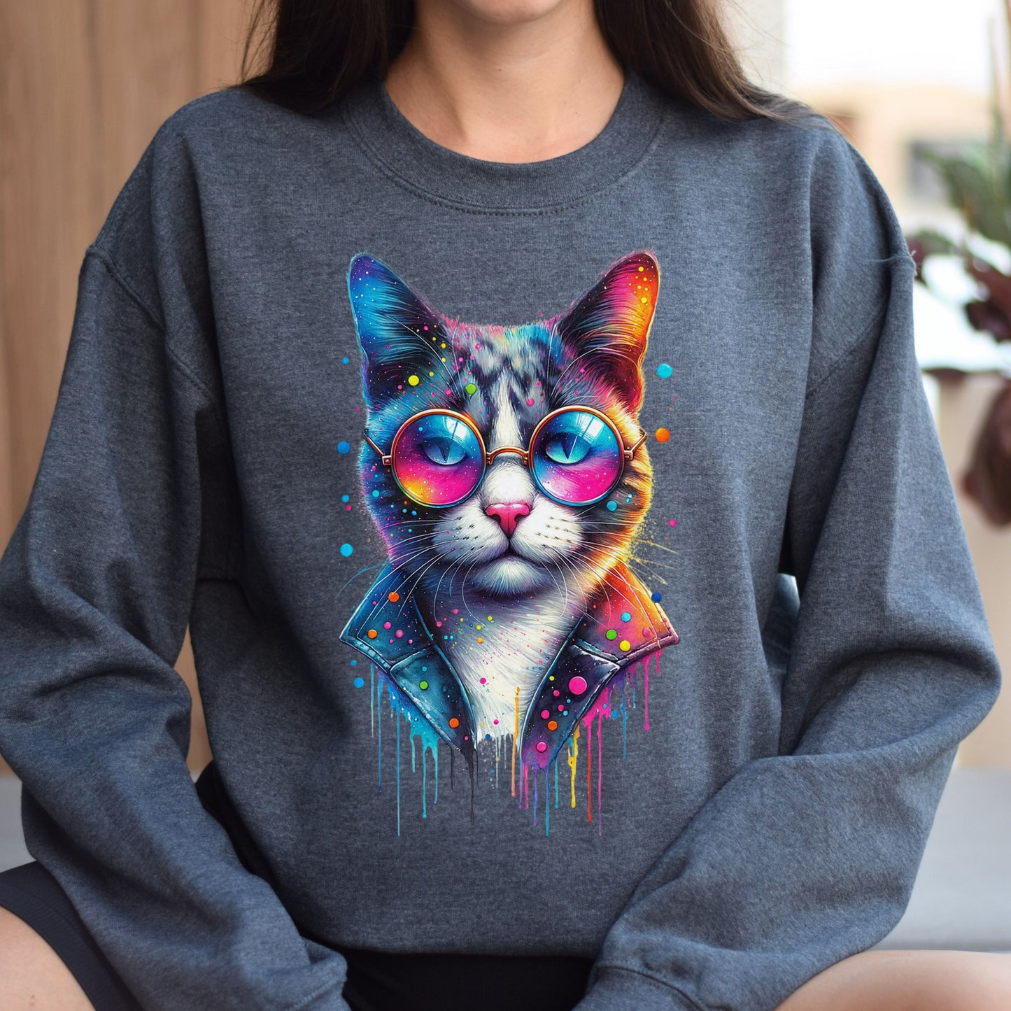 Cool cat with eyeglasses Color Splash Unisex Sweatshirt Black Navy Dark Heather-Dark Heather-Family-Gift-Planet