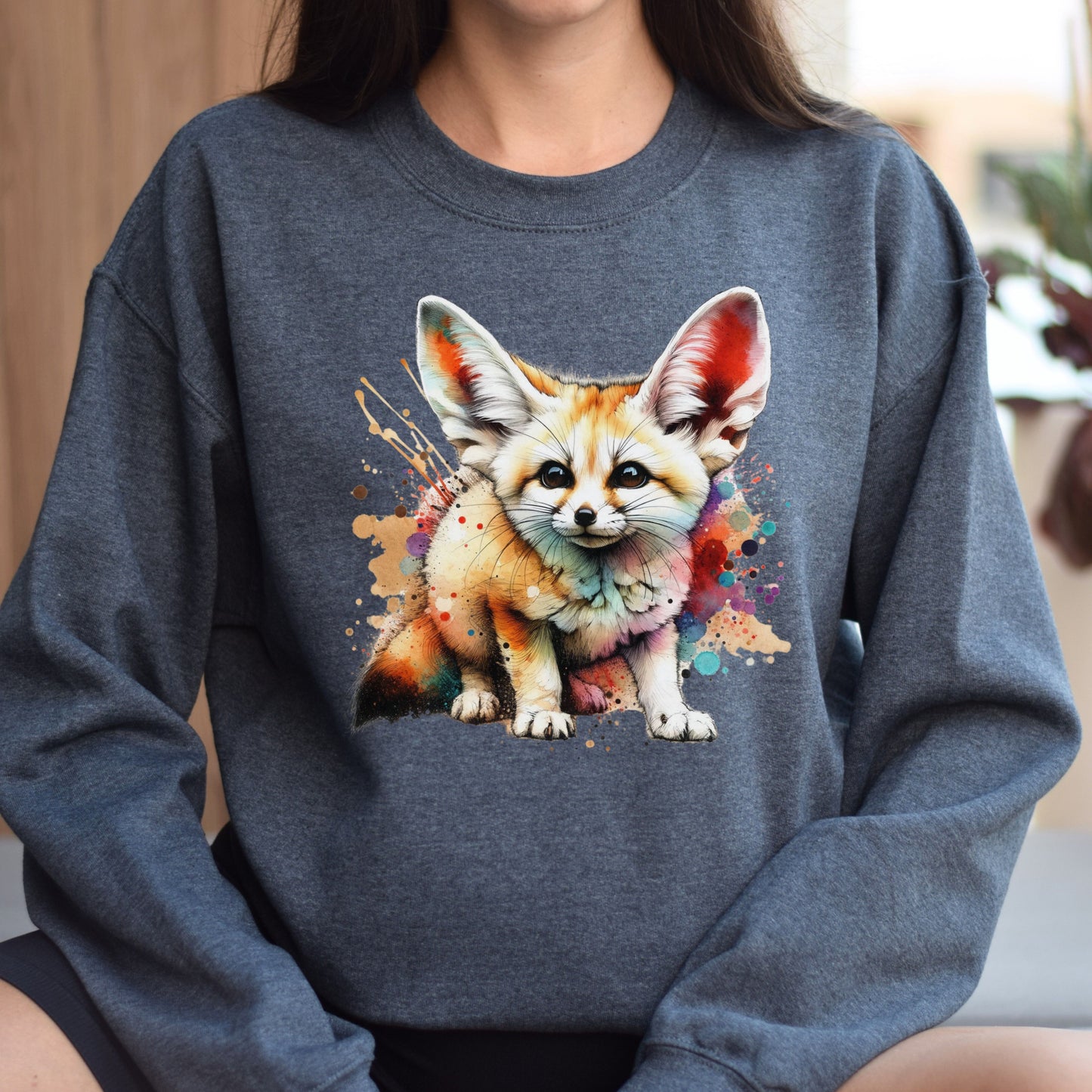 Artistic Fennec Fox Color Splash Unisex Sweatshirt Black Navy Dark Heather-Dark Heather-Family-Gift-Planet