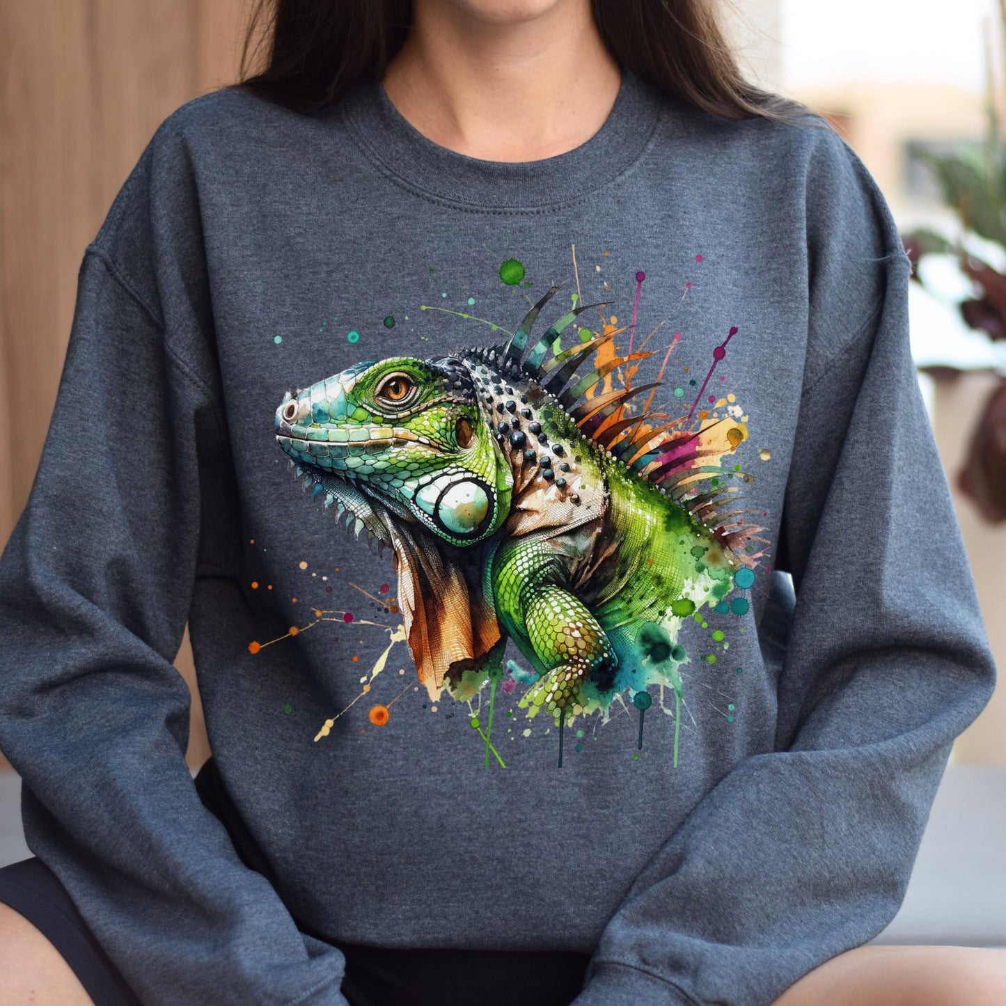 Iguana Color Splash Unisex Sweatshirt Black Navy Dark Heather-Dark Heather-Family-Gift-Planet