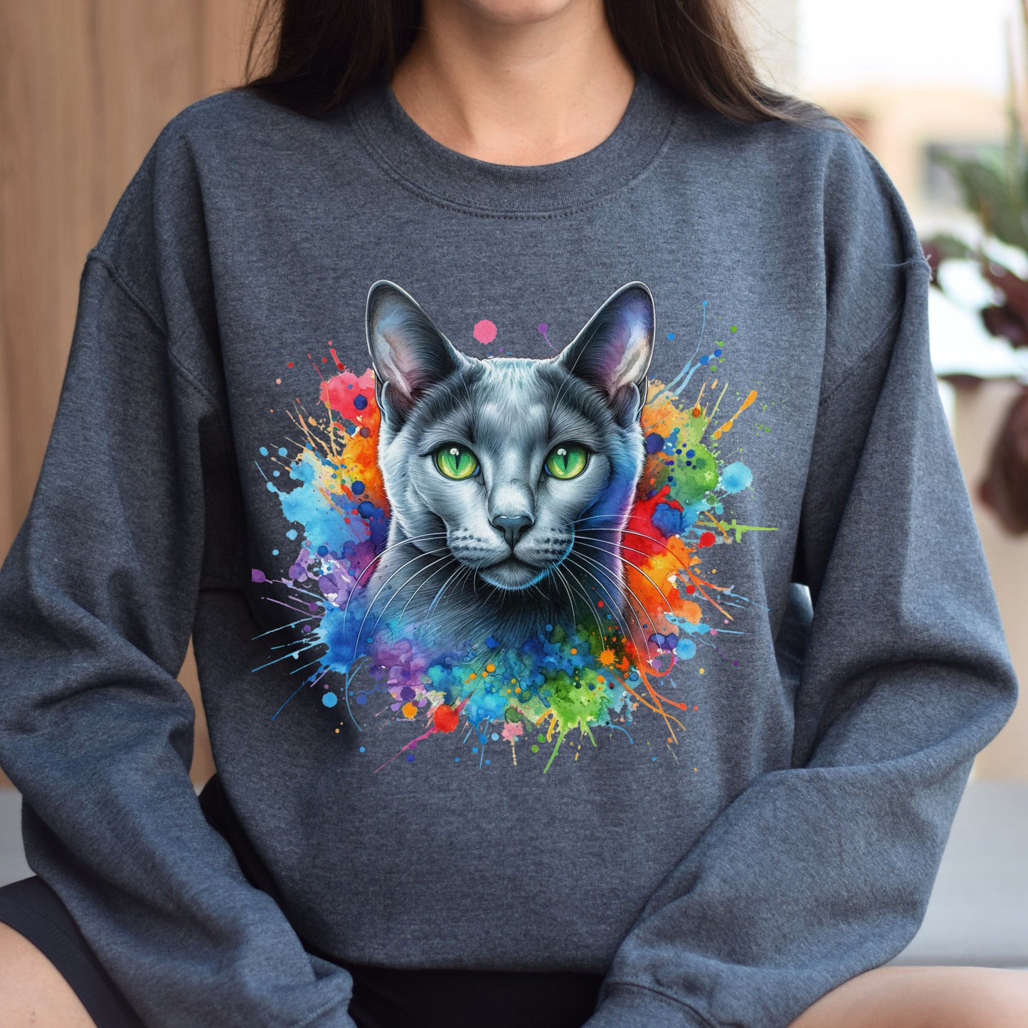 Russian Blue Cat Color Splash Unisex Sweatshirt Black Navy Dark Heather-Dark Heather-Family-Gift-Planet