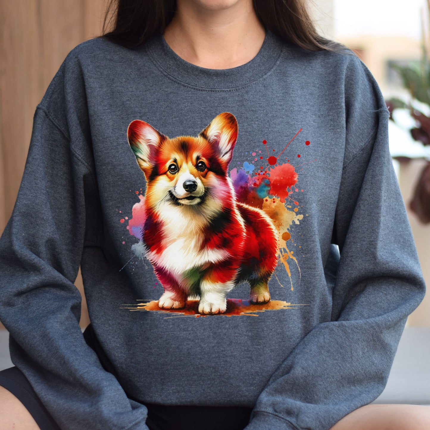 Welsh Corgi Color Splash Unisex Sweatshirt Black Navy Dark Heather-Dark Heather-Family-Gift-Planet