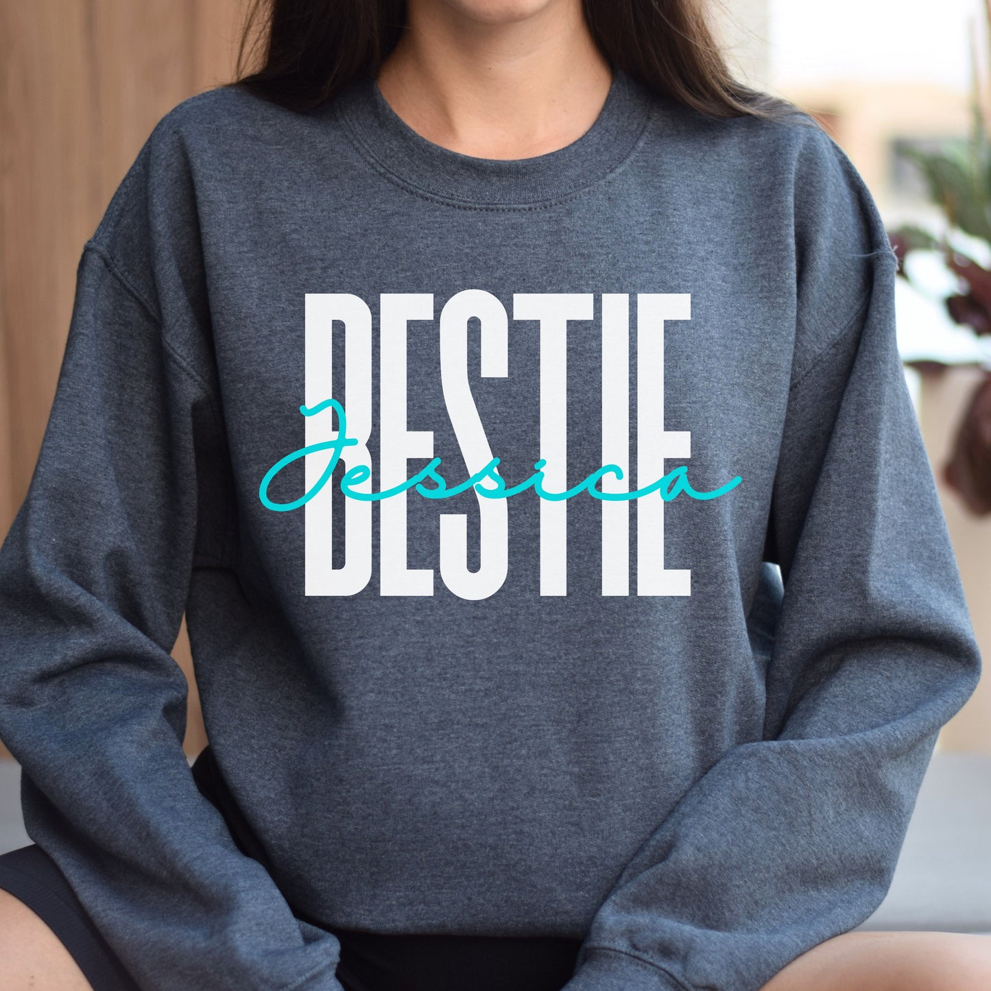 Personalized Bestie Unisex Sweatshirt Custom name friends Sand Black Dark Heather-Dark Heather-Family-Gift-Planet