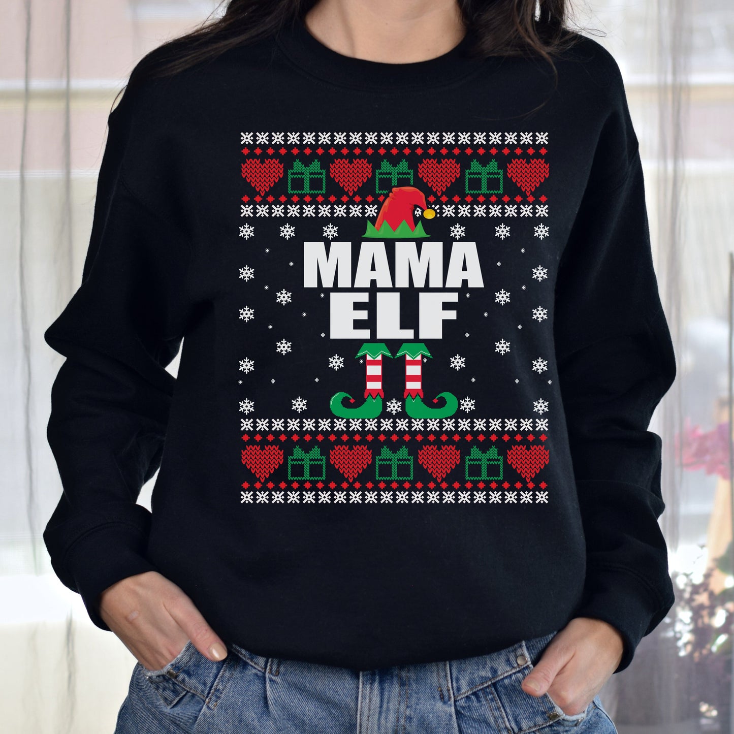Mama Elf Christmas Unisex Sweatshirt Ugly sweater Black Dark Heather-Family-Gift-Planet