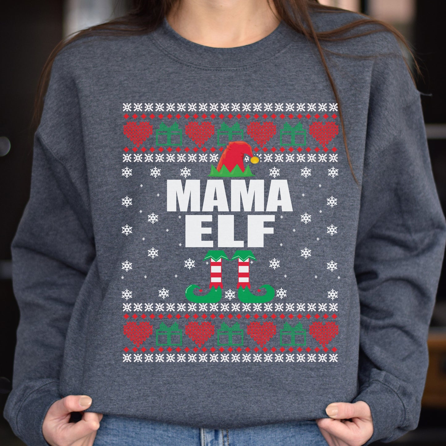 Mama Elf Christmas Unisex Sweatshirt Ugly sweater Black Dark Heather-Dark Heather-Family-Gift-Planet