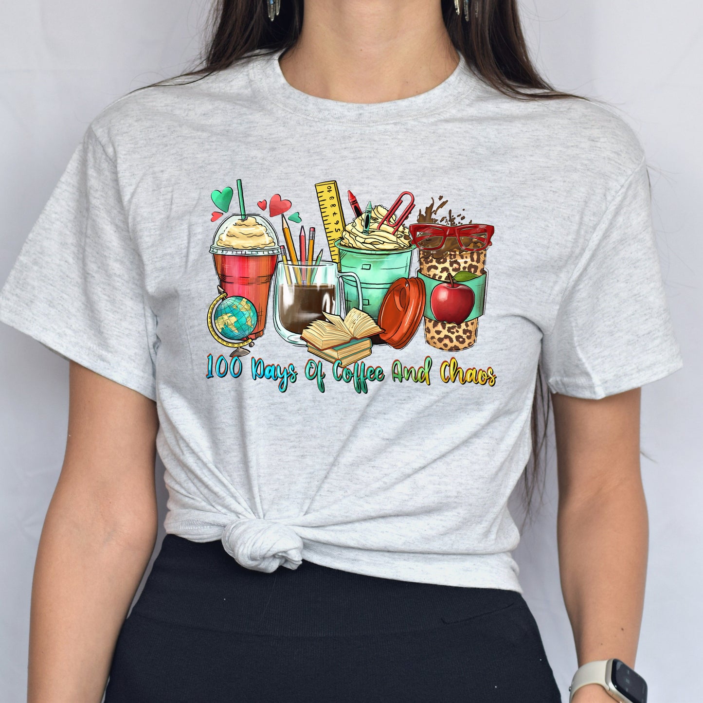 100 days of coffee and chaos coffee cups unisex tshirt 100 days of school S-5XL-Family-Gift-Planet