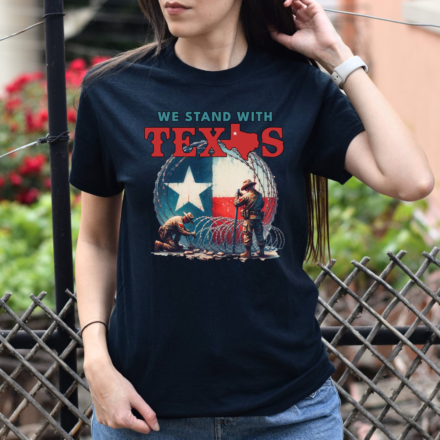 We stand with Texas Unisex Tshirt Texas border TX flag tee Black Navy Dark Heather-Black-Family-Gift-Planet