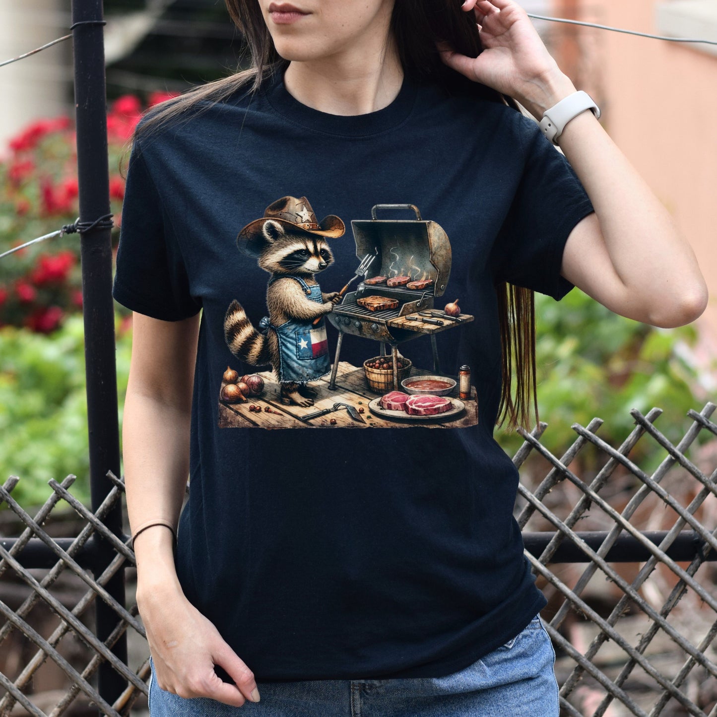 Funny Texas Barbeque Unisex T-shirt bbq racoon tee Black Navy Dark Heather-Black-Family-Gift-Planet