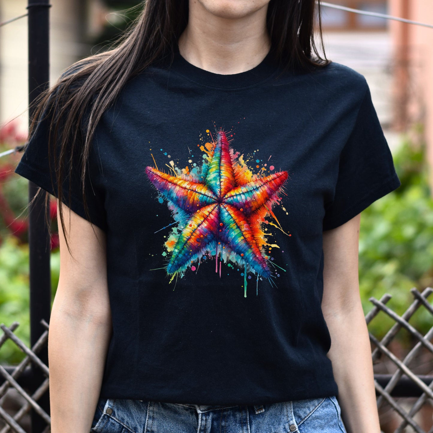 Artistic Sea Star Color Splash Unisex T-shirt Black Navy Dark Heather-Black-Family-Gift-Planet