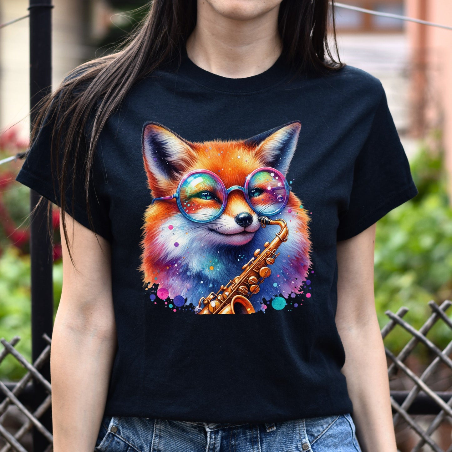 Saxophonist fox Color splash Unisex T-Shirt cool sax fox tee Black Navy Dark Heather-Black-Family-Gift-Planet