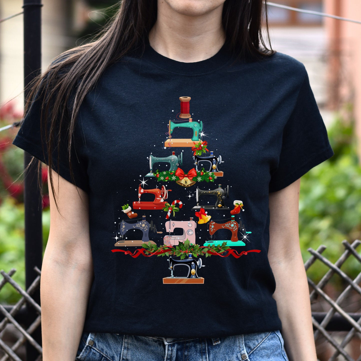 Seamstress Holiday Unisex Shirt Sew machines Christmas tree tee Black Dark Heather-Family-Gift-Planet