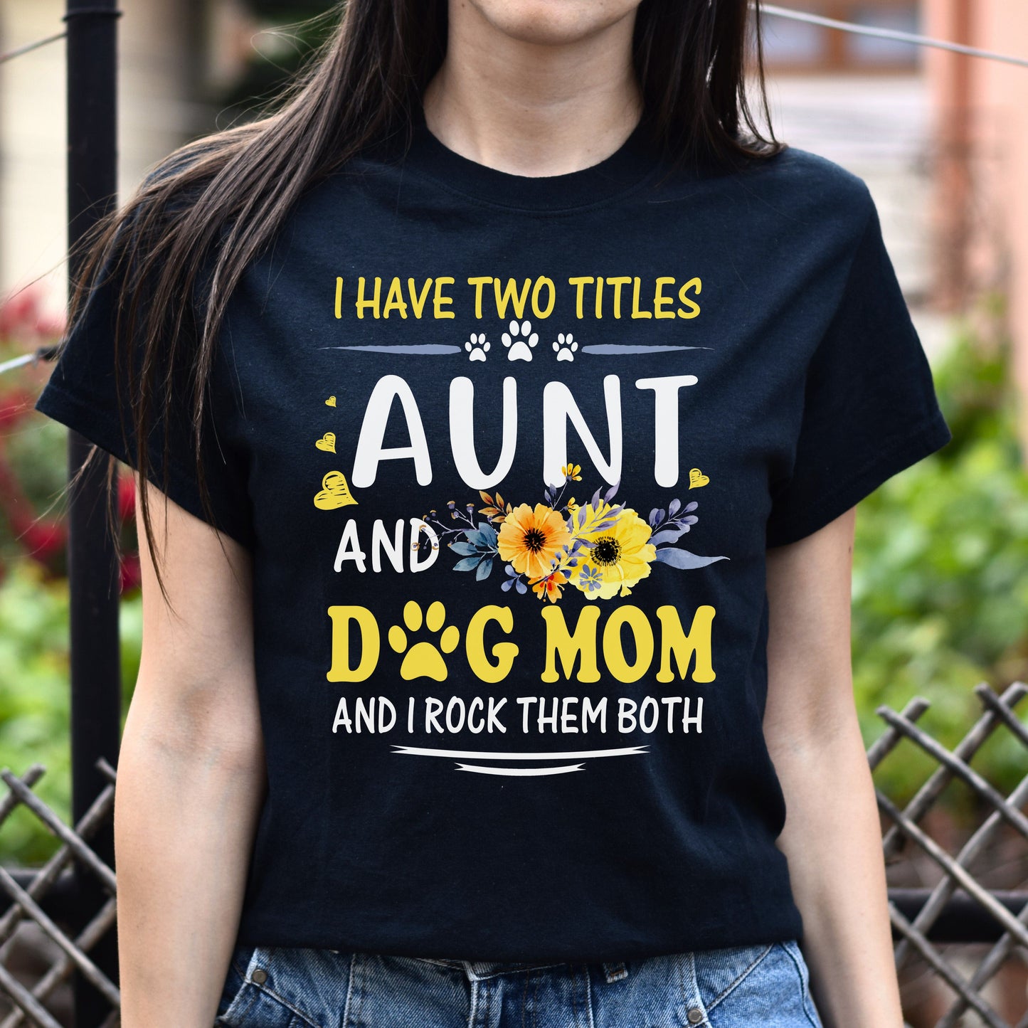 Two titles Aunt and Dog Mom I rock them both Unisex T-Shirt gift black dark heather-Family-Gift-Planet
