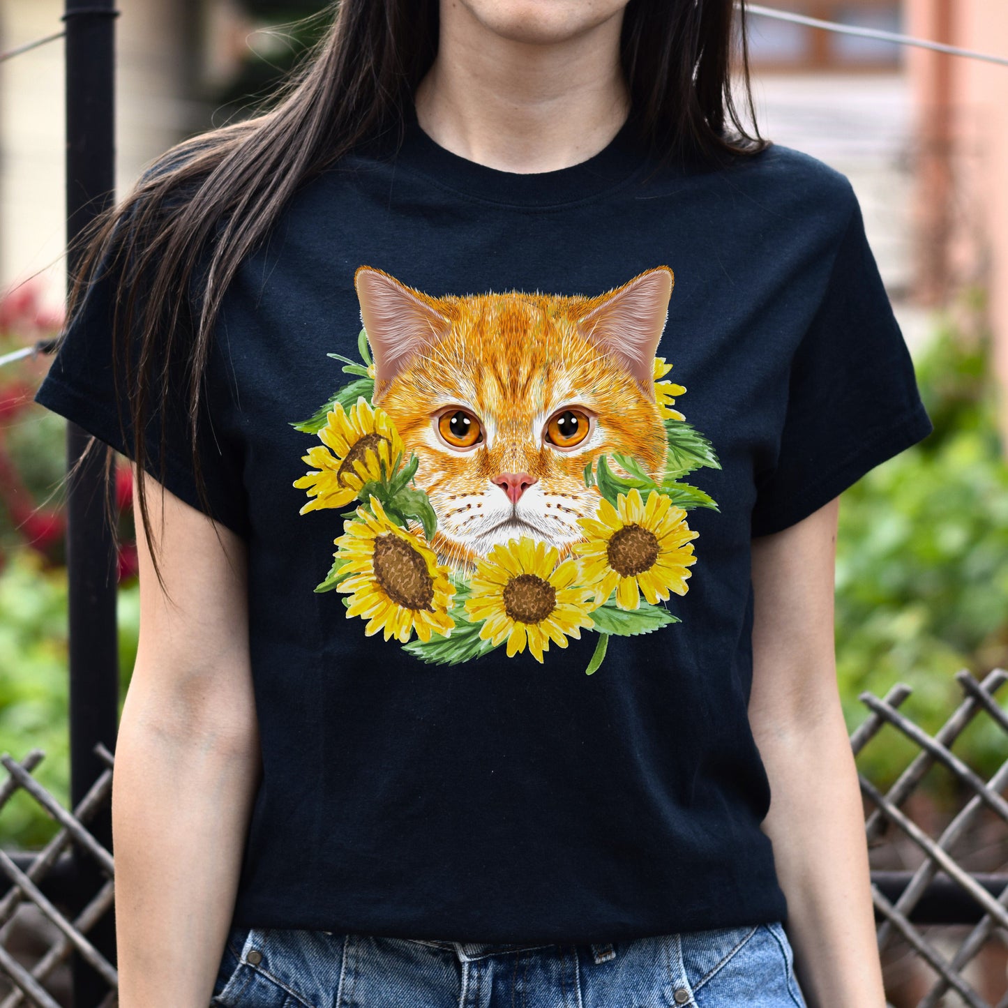 Cat with flowers Unisex shirt cat sunflowers tee Black Dark Heather-Family-Gift-Planet